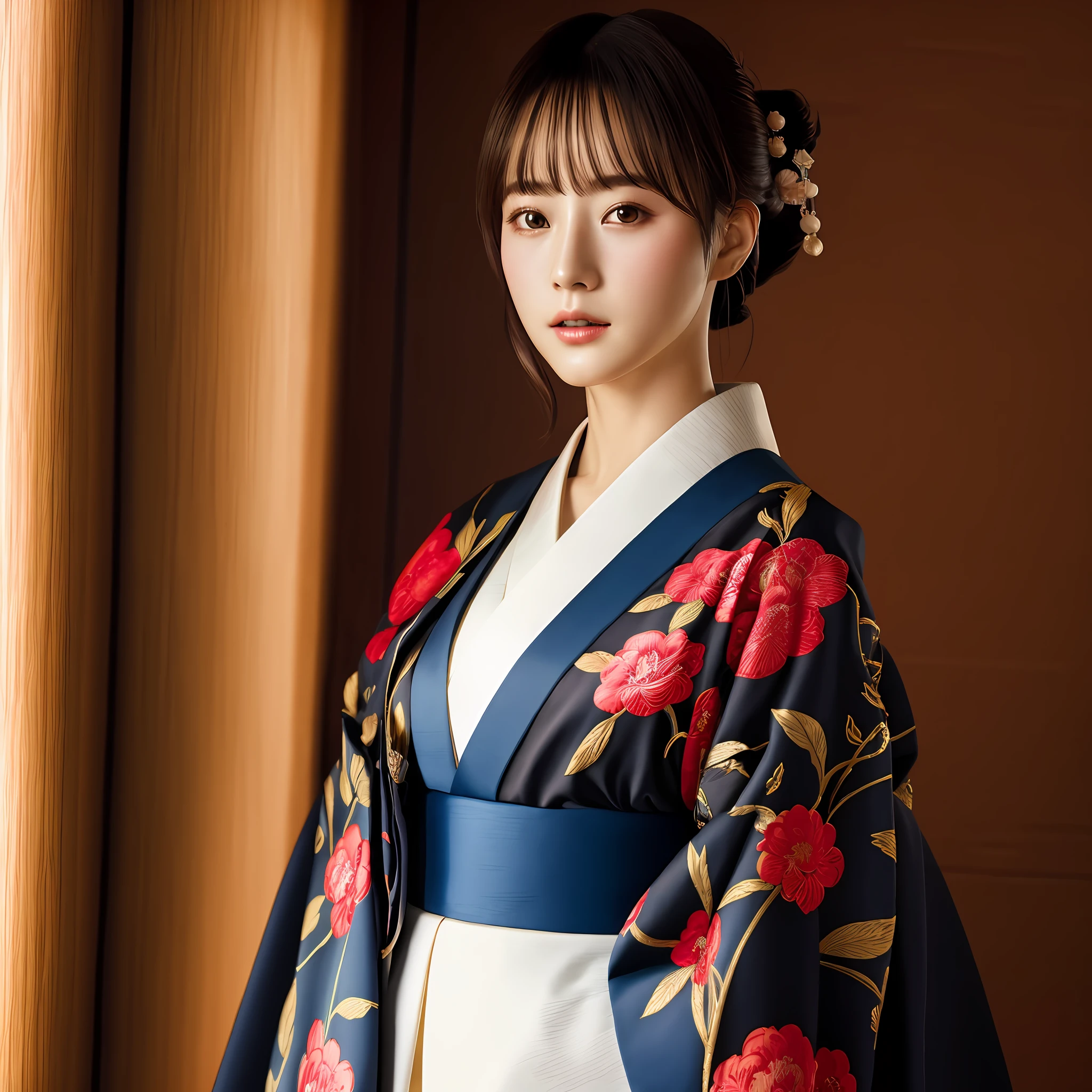 Top Quality, Masterpiece, Ultra High Resolution, Photorealistic CG unity 8k wallpaper, Japanese style, portrait, kimono, hakama, Japanese pattern, full body