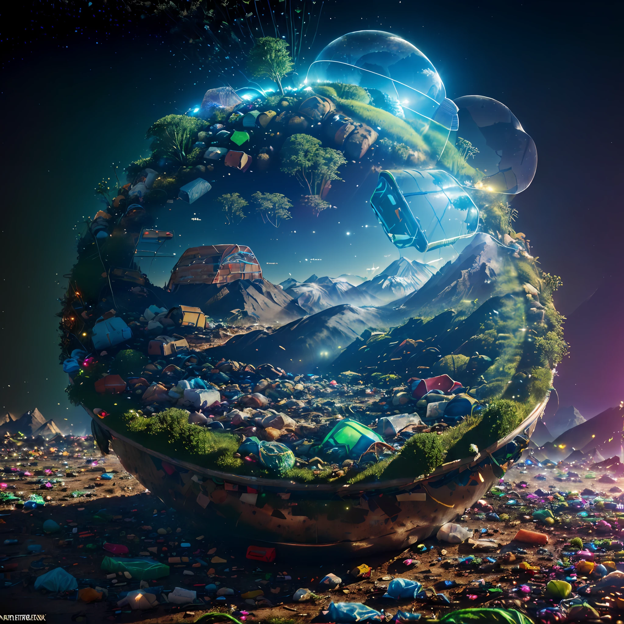 Earth Day poster, (((Surrounded by a mountain of garbage, in the middle is a sprouting grass, Earth and Nature, transparent plastic, optics, surreal, magic, fantasy, composition, bright, light fluorescence, ultra-detaile, trend in artstation, octane rendering,))), futuristic, masterpiece, super detail, best quality