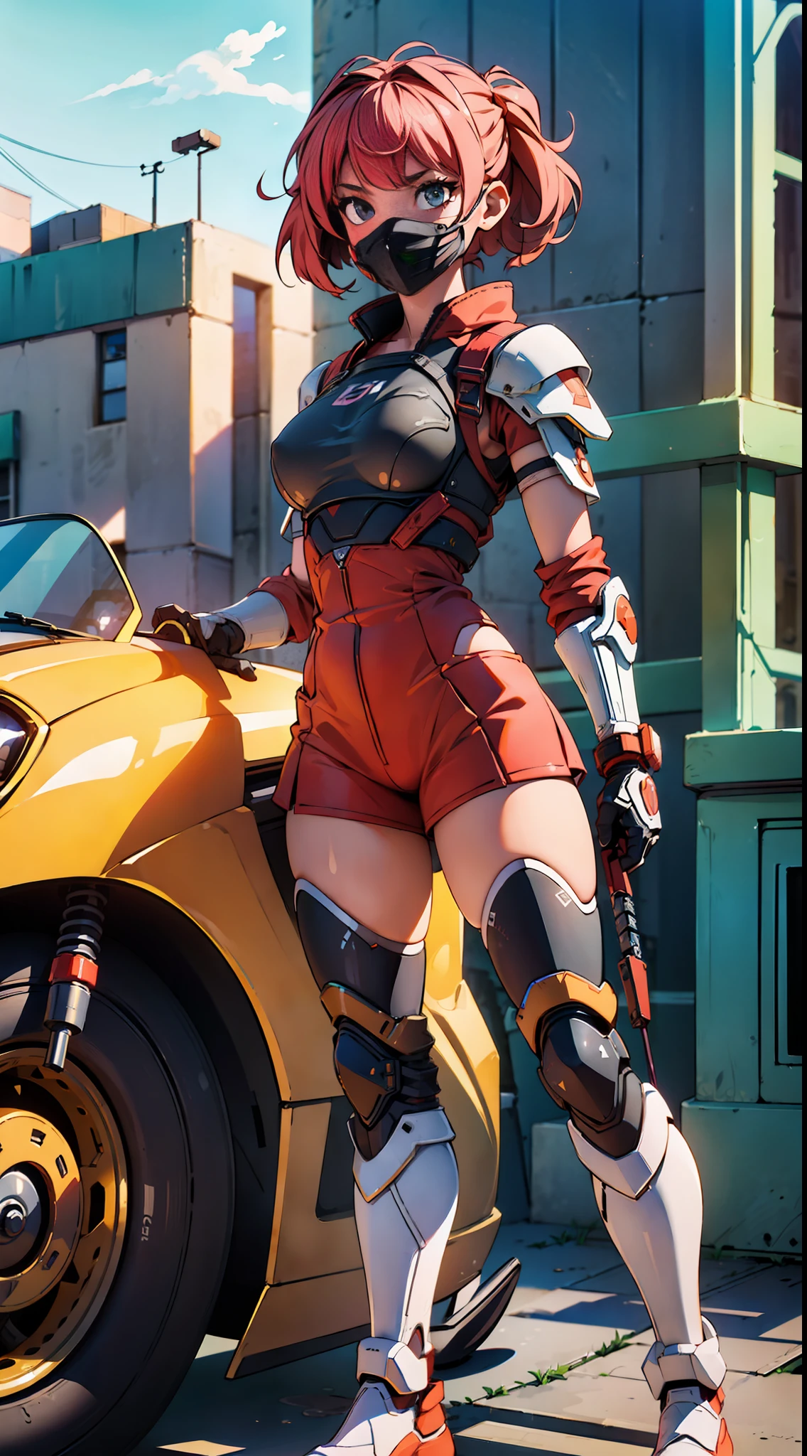 ((high quality)), ((masterpiece)), 8k, 2girls, body armor, light rays, extremely detailed wallpaper CG unity 8k, game cg, looks at the viewer, gloves, boots, whole body, watch, computer, mask, drone, mechanical weapon,