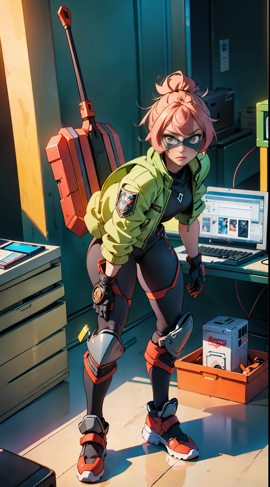 ((high quality)), ((masterpiece)), 8k, 2girls, body armor, light rays, extremely detailed wallpaper CG unity 8k, game cg, looks at the viewer, gloves, boots, whole body, watch, computer, mask, drone, mechanical weapon,