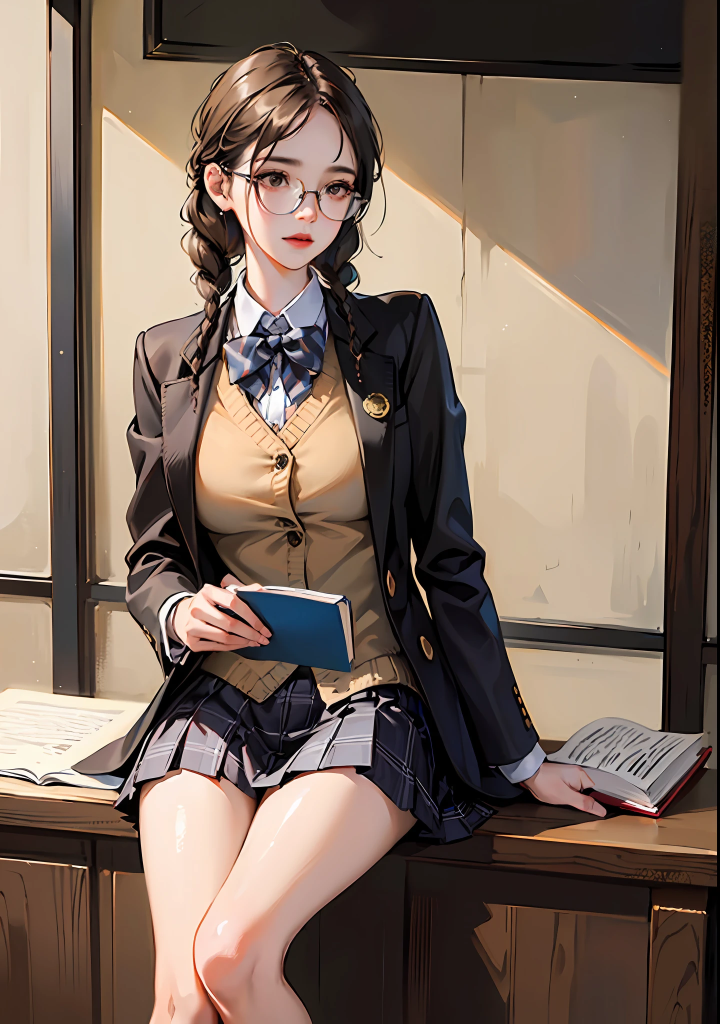 (8k, RAW photo, highly sensitive, best quality, extremely detailed hair, masterpiece, ultra high res, photorealistic:1.25) kr-pny, thin rimmed glasses, the front, twin braids, parted bangs, 1girl, school uniform, dark grey open jacket, dark grey blazer, pleated skirt, plaid skirt, ash blonde hair, huge breasts, gold round eyewear, reading a book, shy and quiet girl, looking afar, holding a book,