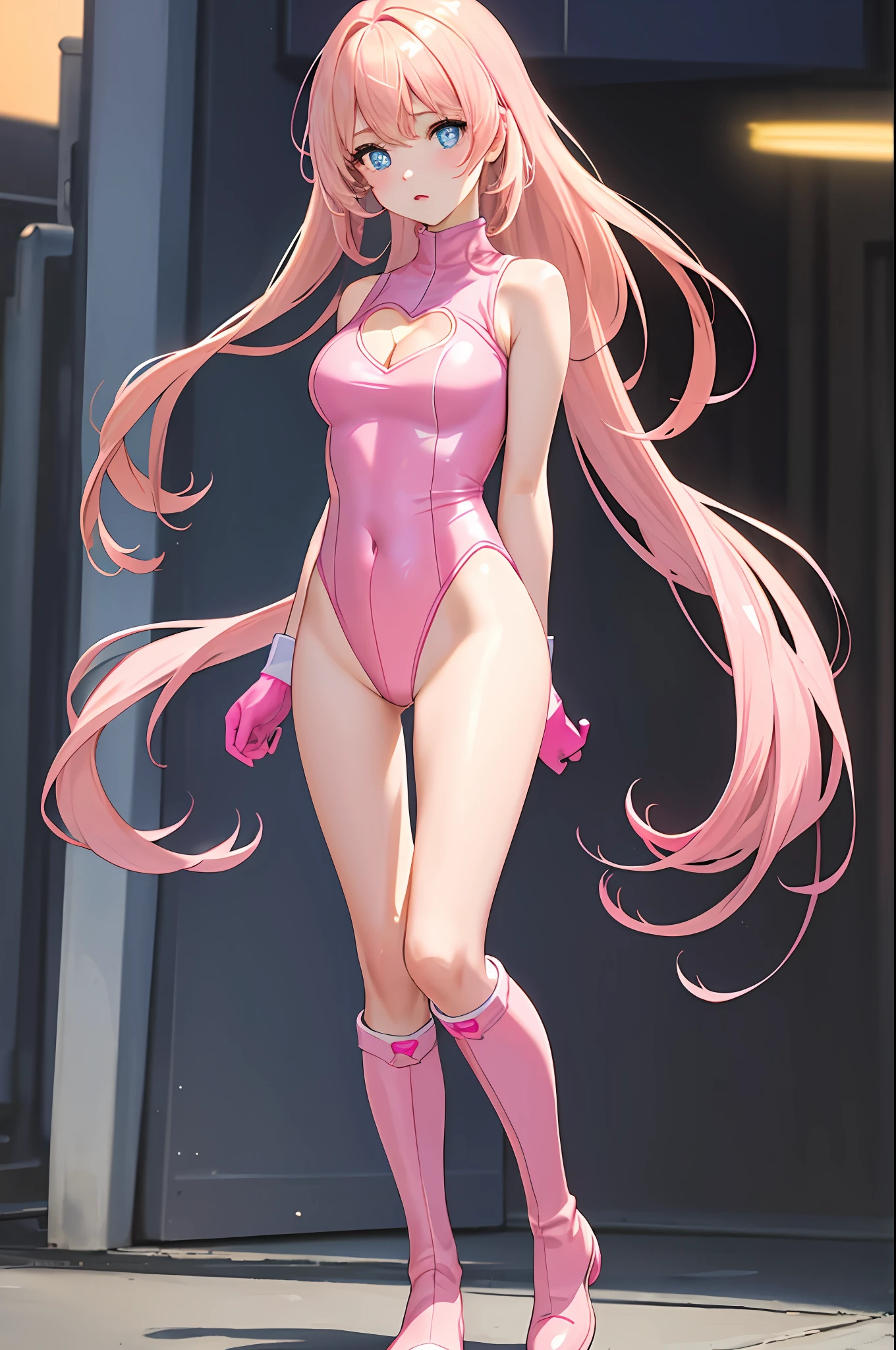 ((masterpiece)), ((best quality)), highres, 1girl, solo, superhero, leotard, bare legs, matching boots, sleeveless, looking at viewer, light particles, city backdrop, perfect hands, perfect eyes, perfect leotard, perfect legs, perfect arms, perfect fingers, medium breasts, (pink leotard), standing, blonde hair, long hair, knee boots, blue eyes, heart cutout, cute face, hair down, bangs, pink gloves, pink footwear, cleavage cutout, standing, (full body),