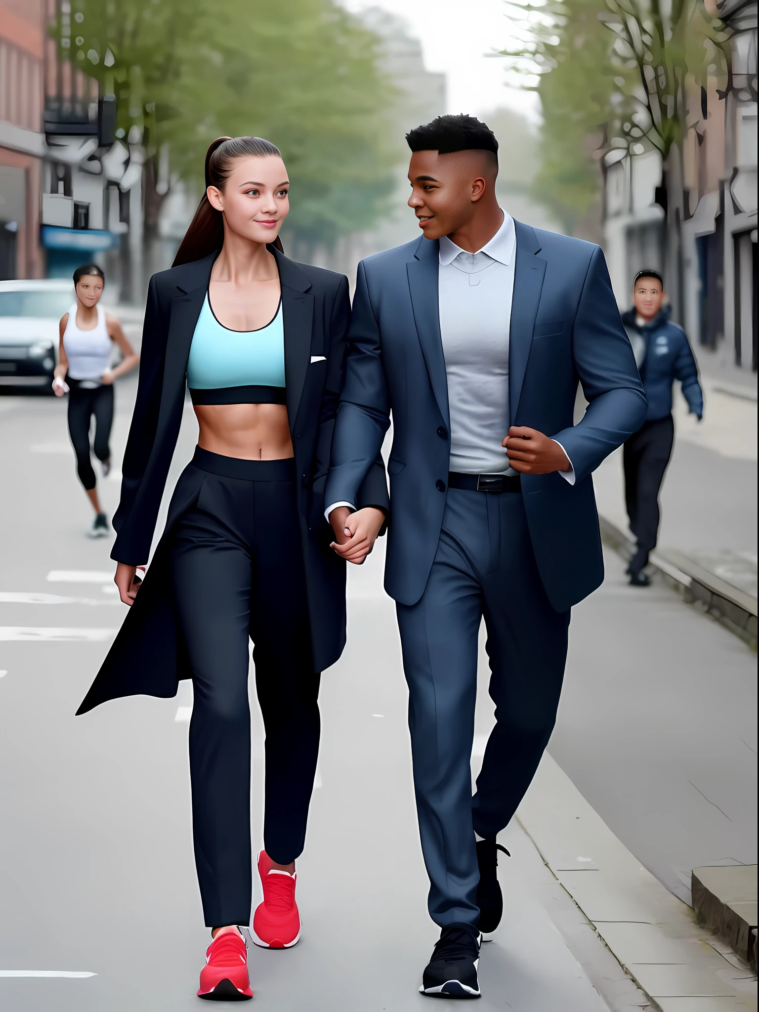 A muscular girl in a sports bra leads a thin boy in a long coat and trousers walking down the street, the girl holds the boy's hand, the girl's abs are distinct, the boy is short, ((the boy is skinny)), high quality, 8k, outdoor natural light, sense of humor, sense of dislocation, funny