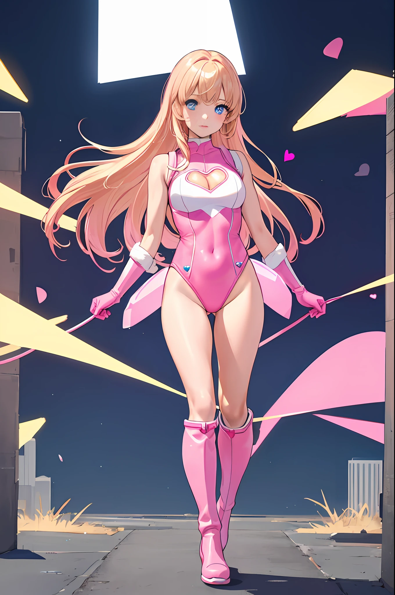 ((masterpiece)), ((best quality)), highres, 1girl, solo, superhero, leotard, bare legs, matching boots, sleeveless, looking at viewer, light particles, city backdrop, perfect hands, perfect eyes, perfect leotard, perfect legs, perfect arms, perfect fingers, medium breasts, (pink leotard), standing, blonde hair, long hair, knee boots, blue eyes, heart cutout, cute face, hair down, bangs, pink gloves, pink footwear, cleavage cutout, standing, (full body),