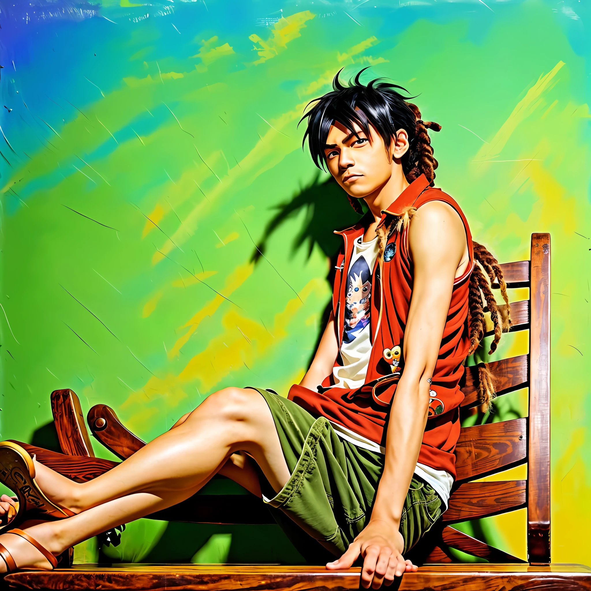 Anime character with afro-descendant hair, braid, dread locks. Profile picture style photo 4x4. Male. With the costume of Luffy's character Luffy sitting on a square bench. Art style. Drawing with anime inspirations green screen background without landscapes