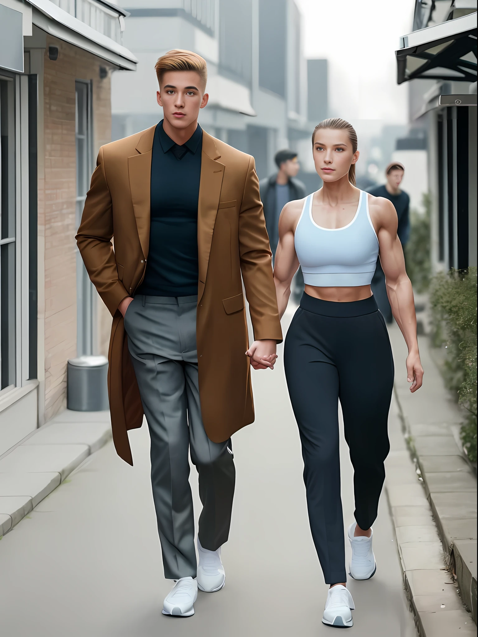 A muscular girl in a sports bra leads a skinny short boy in a long coat and trousers walking down the street, girl holding boy's hand, high quality, 8k, outdoor natural light, sense of humor, sense of dislocation, funny