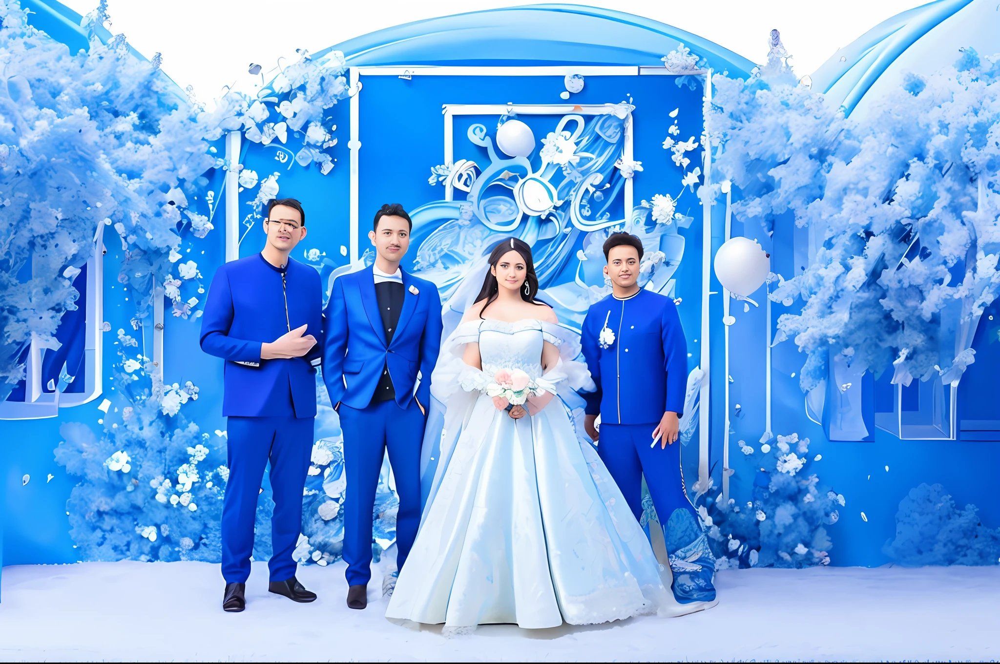There is a group of people standing together in front of blue background, 8K--Height 768, happy family, blue background, wedding, Hihgly detailed, super fine photo, super high resolution, photorealistic realism, sunlight, full body portrait, amazing beauty, dynamic pose, delicate face, best picture quality, cartoonization, illustration design, anime style