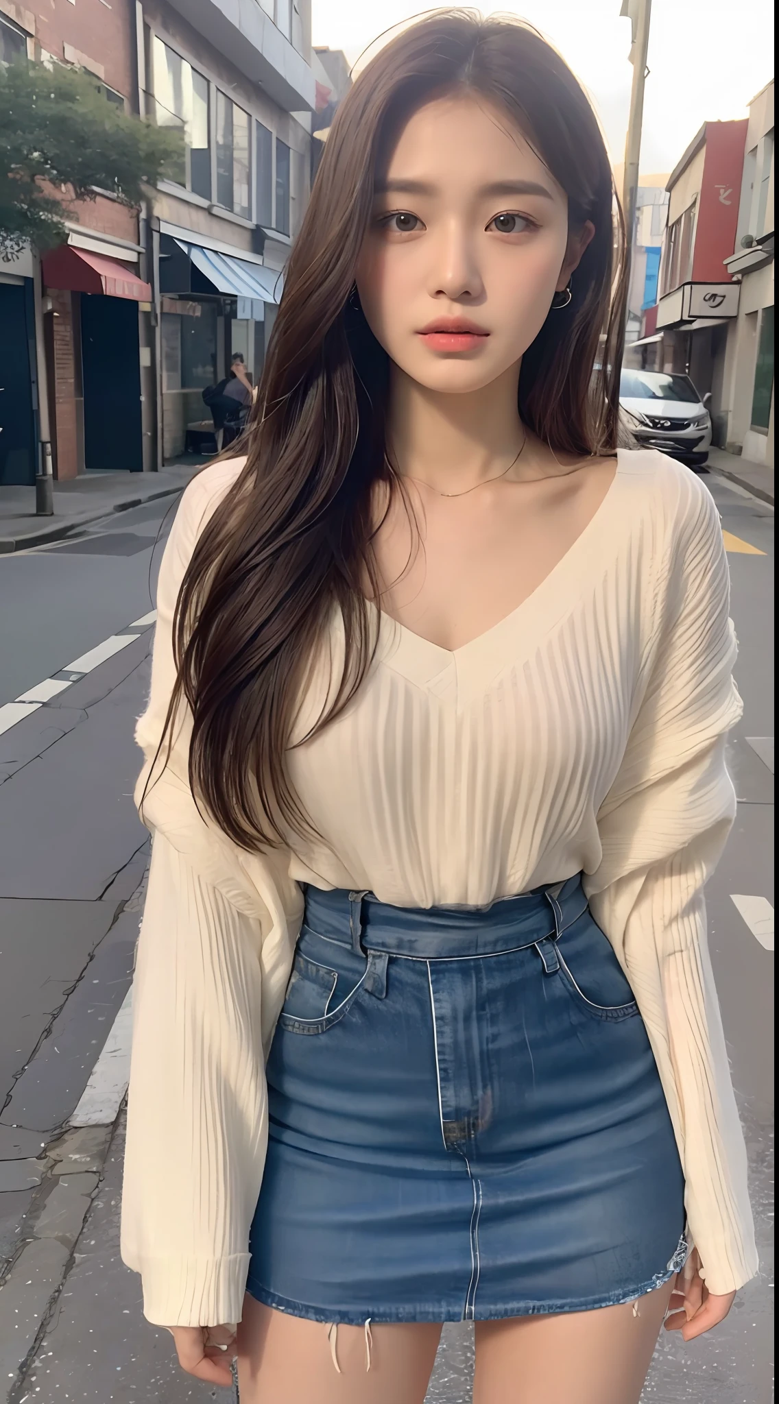 ((Best Quality, 8K, Masterpiece: 1.3)), (Stepmother Skirt: 1.5), Focus: 1.2, Perfect Body Beauty: 1.4, Buttocks: 1.2, (Layered Haircut: 1.2)), (Dark Street: 1.3), Highly detailed face and skin texture, Full body, delicate eyes, Double eyelids, whitening skin, long hair, (round face: 1.5),