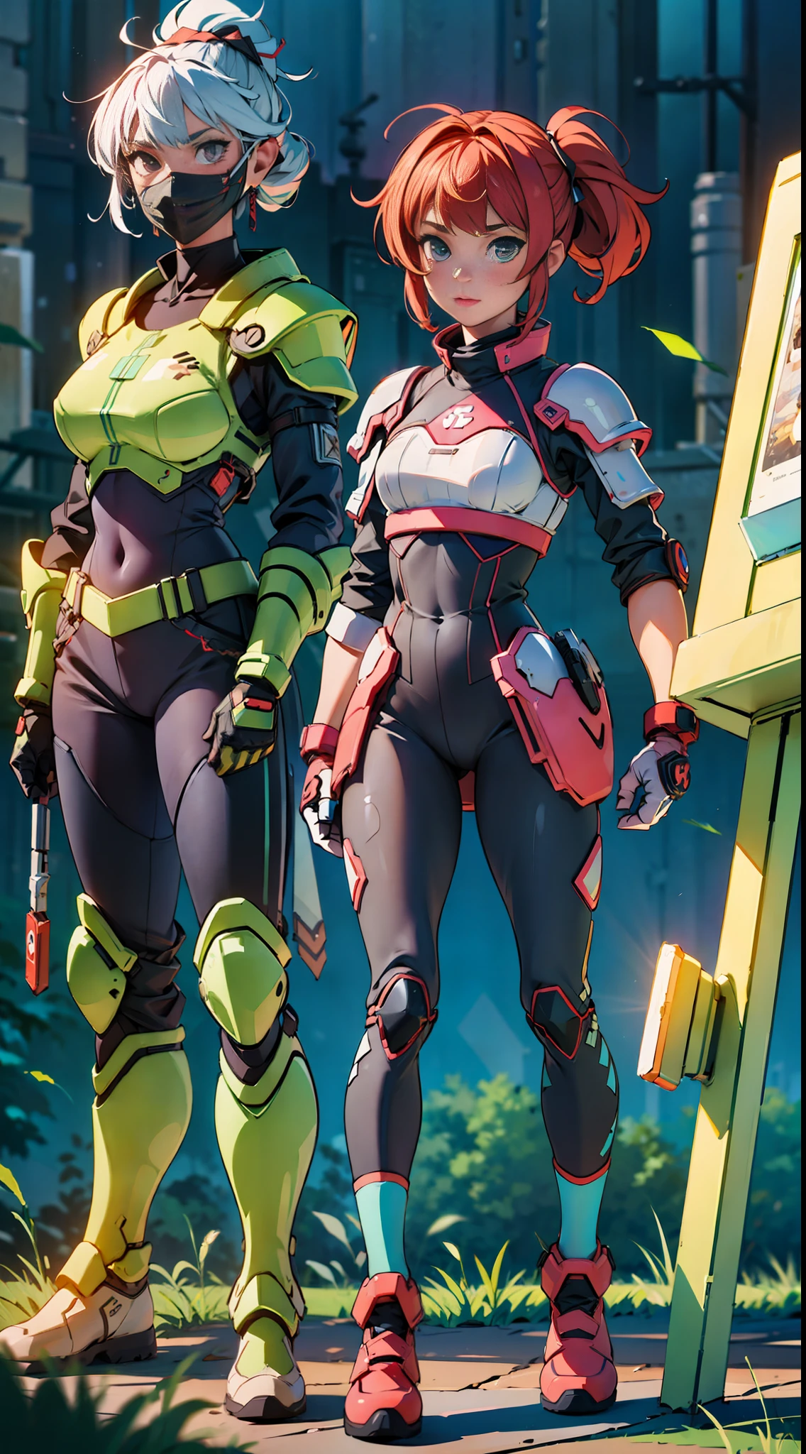 ((high quality)), ((masterpiece)), 8k, 2girls, body armor, light rays, extremely detailed wallpaper CG unity 8k, game cg, looks at the viewer, gloves, boots, whole body, watch, computer, mask, drone, mechanical weapon,