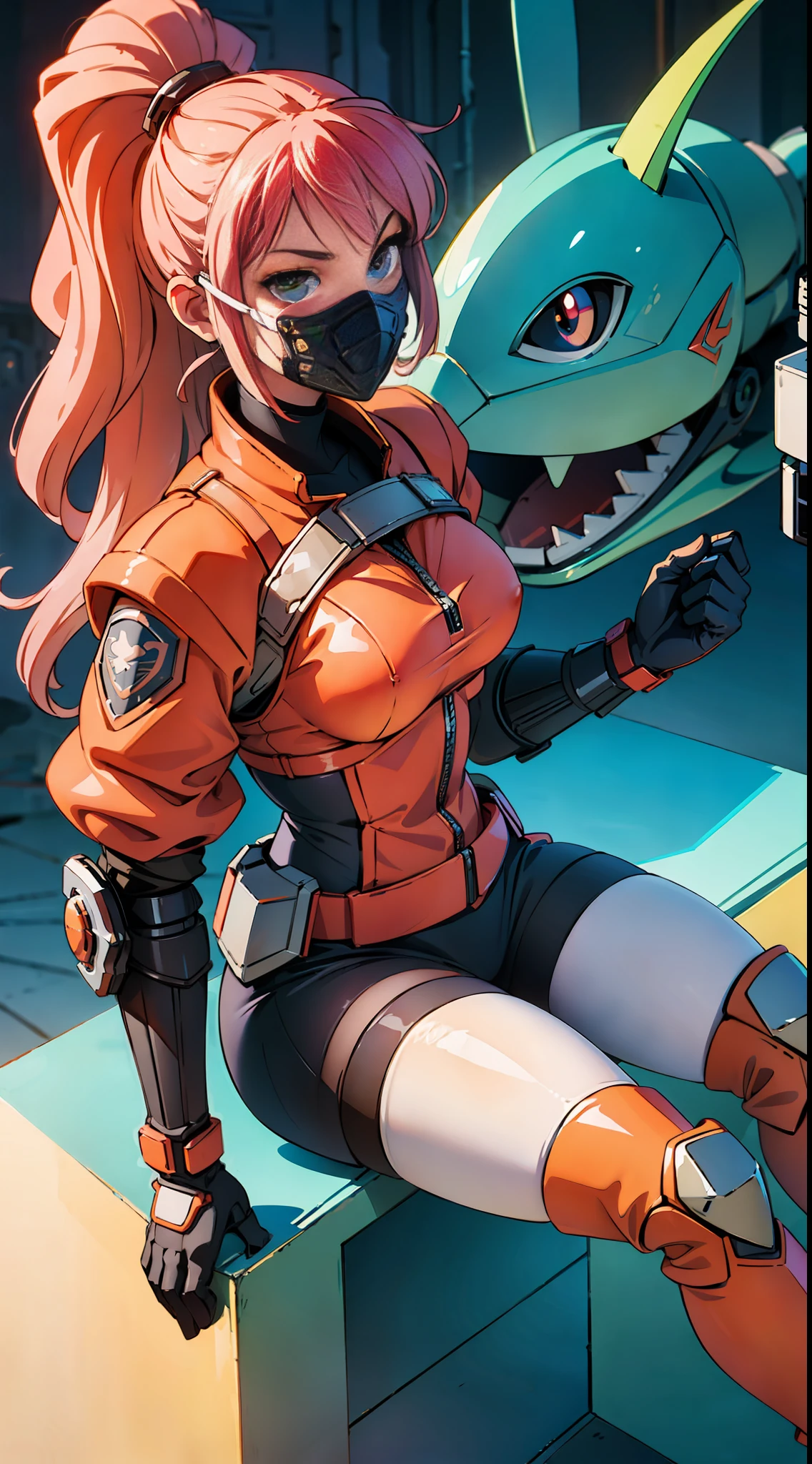 ((high quality)), ((masterpiece)), 8k, 2girls, body armor, light rays, extremely detailed wallpaper CG unity 8k, game cg, looks at the viewer, gloves, boots, whole body, watch, computer, mask, drone, mechanical weapon,