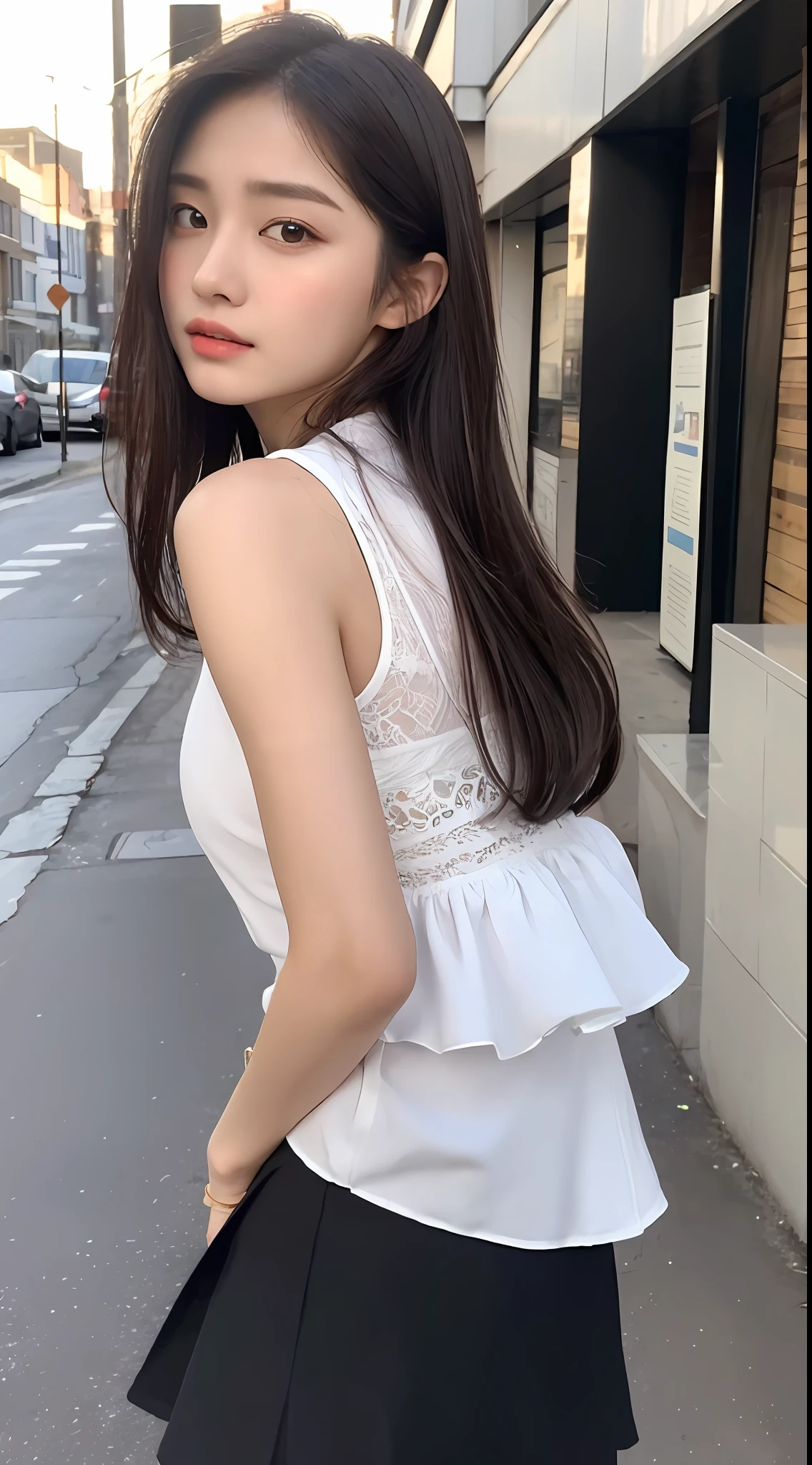 ((Best Quality, 8K, Masterpiece: 1.3)), (Stepmother Skirt: 1.5), Focus: 1.2, Perfect Body Beauty: 1.4, Buttocks: 1.2, (Layered Haircut: 1.2)), (Dark Street: 1.3), Highly detailed face and skin texture, Full body, delicate eyes, Double eyelids, whitening skin, long hair, (round face: 1.5),