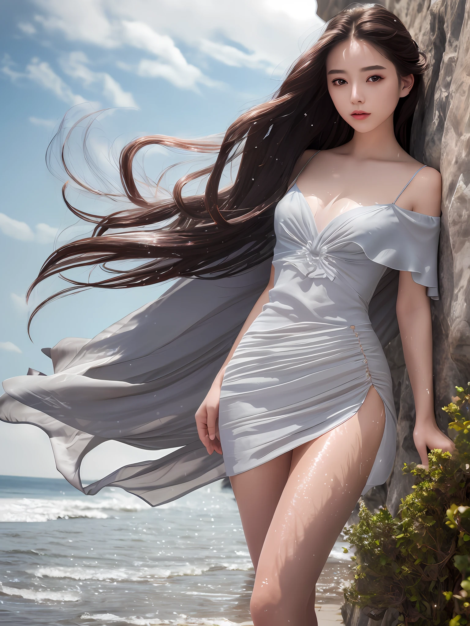 (8k, masterpiece, high quality), 1 girl, delicate skin, perfect eyes, off-the-shoulder, shawl hairstyle, windy, hair flying, soft light, ultra-short printed porcelain skirt, deep V, split to thigh, gorgeous color, thin clothes, (wet), delicate figure prominent, sexy, mysterious and elegant