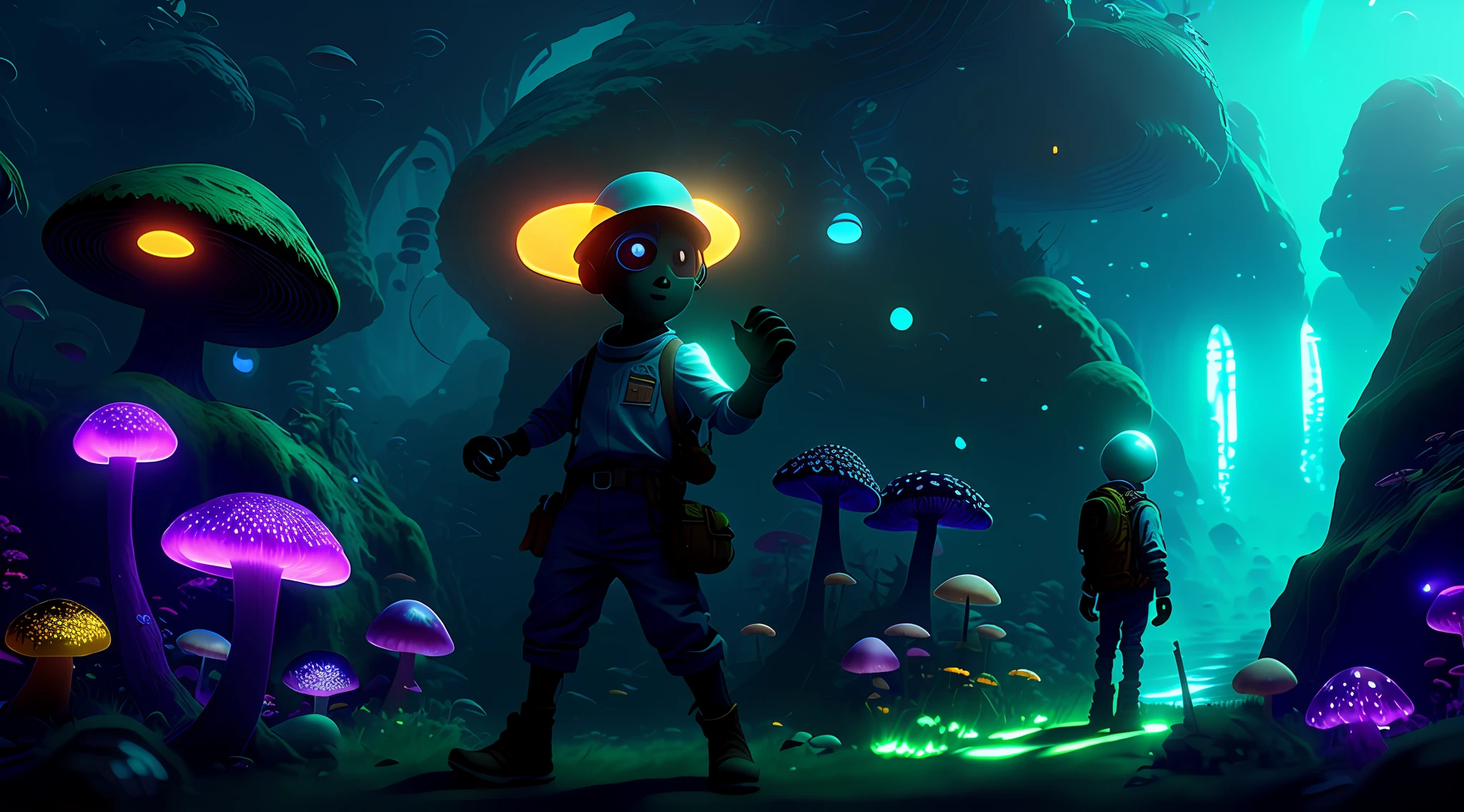 A lonely futuristic explorer movie digital painting wallpaper + Stand in an epic dark cave filled with glowing otherworldly mushrooms, giant virtual glowing bioluminescent mushroom megacity Realistic details of jellyfish floating in dark ocean, spiritual journey of metropolis like mushroom forest in pitch black, magic, Unreal Engine, hyperdetail, concept art, art station trends, (volumetric lighting)++, (light filtering in fog)++, HDR++, (soft focus)+++, (Character Focus) +
