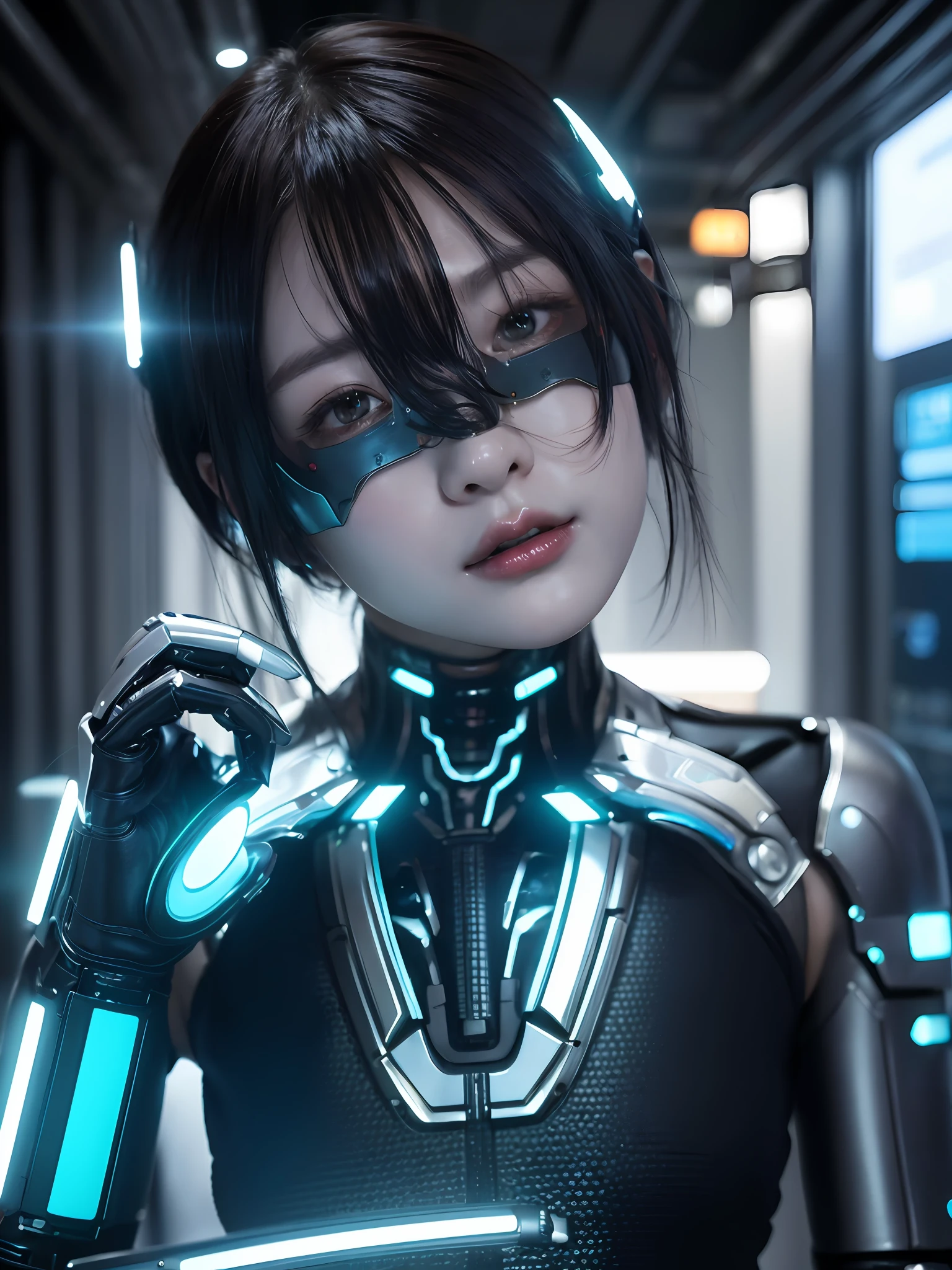 (extremely detailed CG unity 8k wallpaper,masterpiece, best quality, ultra-detailed),(best illumination, best shadow, an extremely delicate and beautiful),cinematic,half body shot,metallic female cyborg with a cyberpunk vibe.
