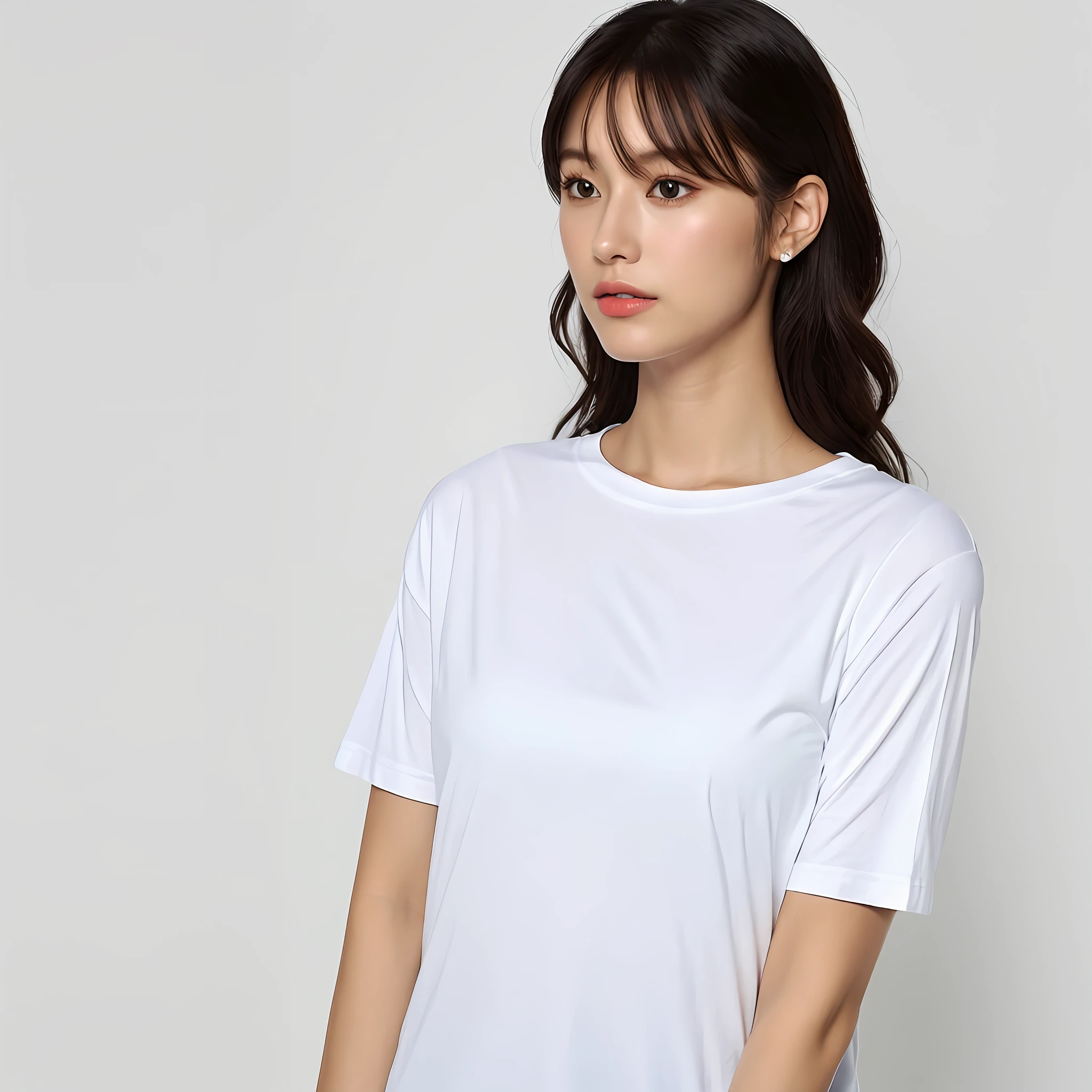 **a female model in white round neck t-shirt** -