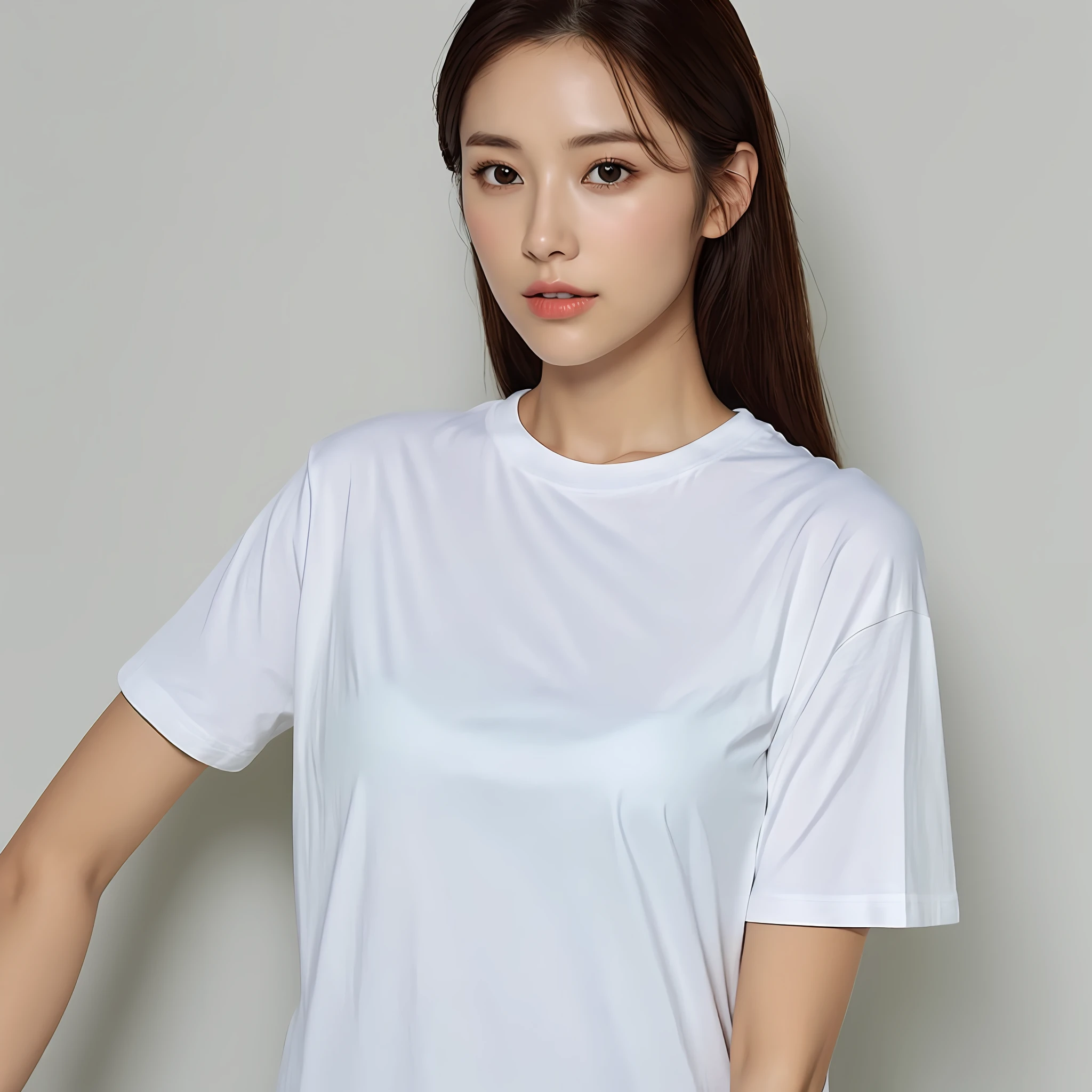 **a female model in white round neck t-shirt** -