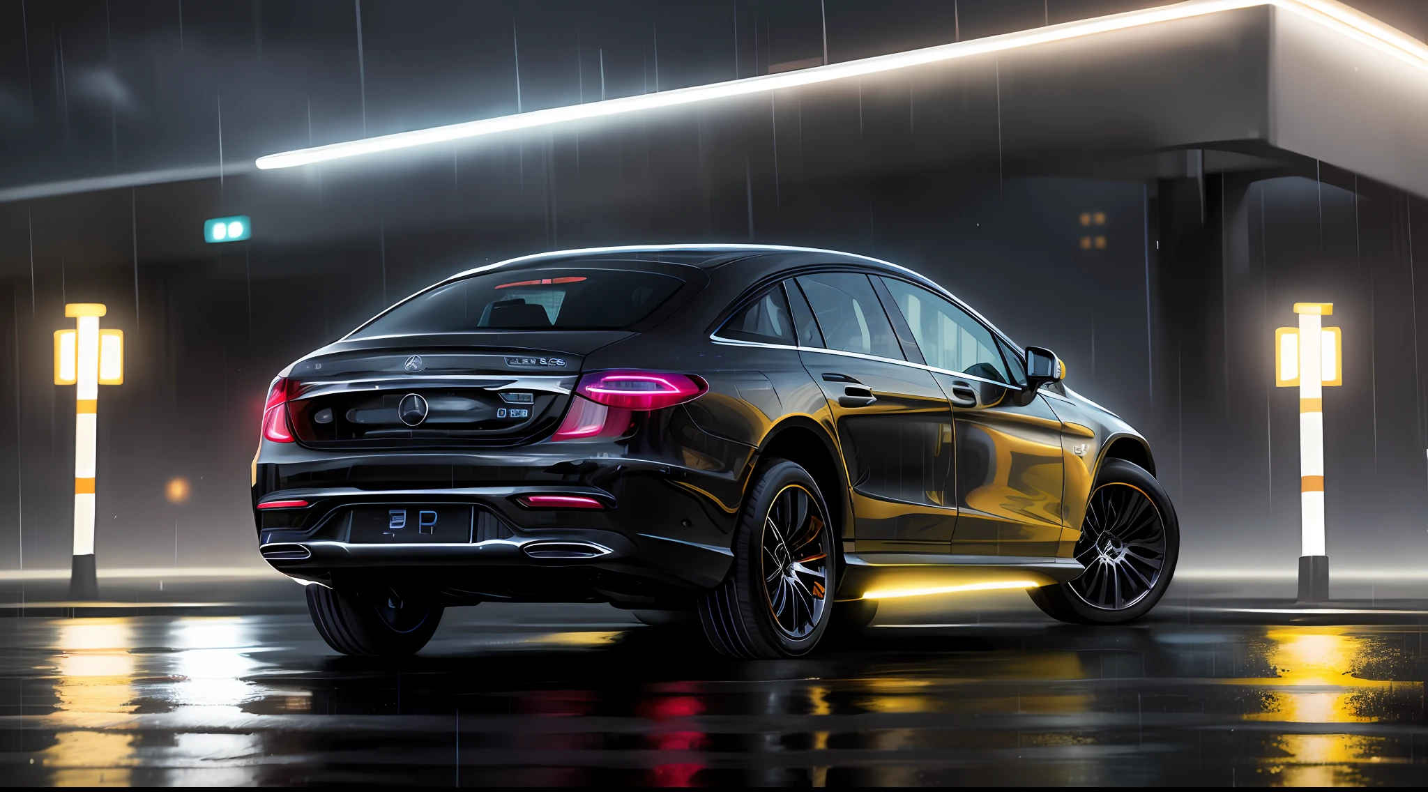 Mercedes ESQ, expensive car in the rain, detailed painting, lights on, , (particles: 0.8), very detailed, (night: 1.1), natural lighting, 1 car