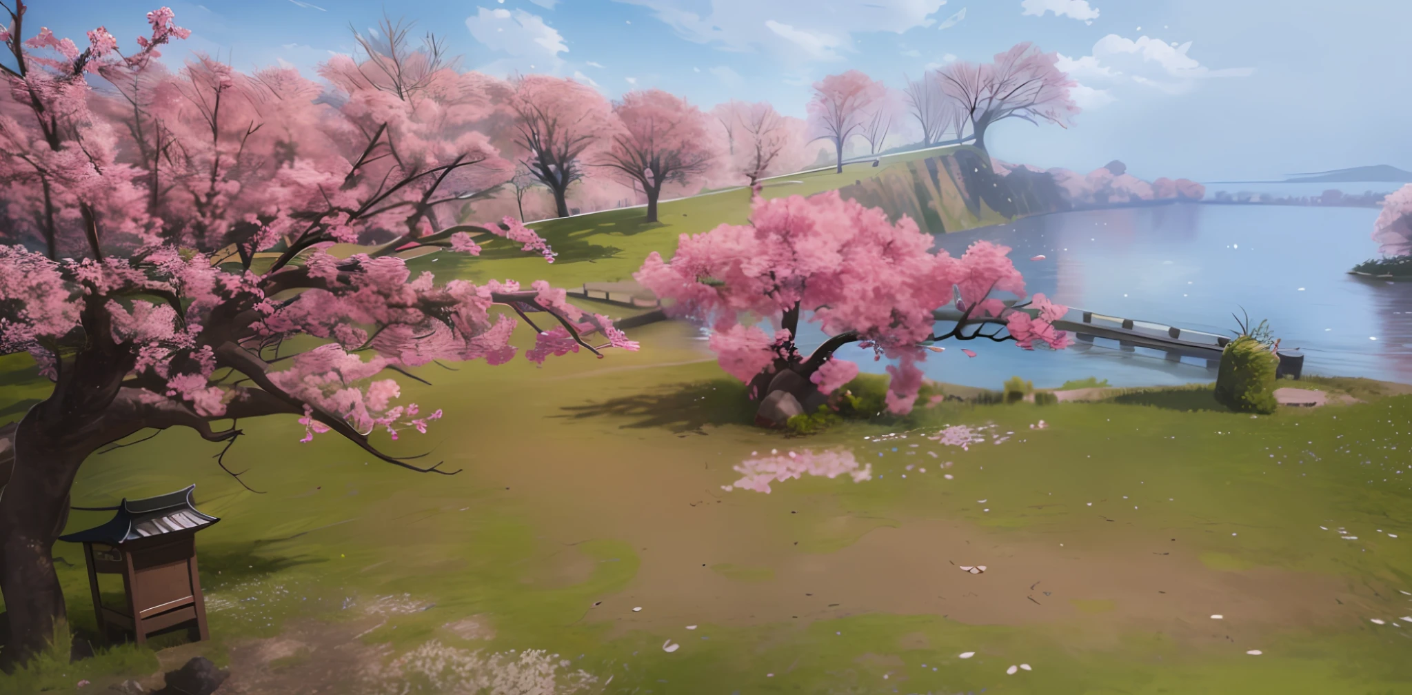 There is a painting of a park with pond and bridge, cherry blossom forest, anime nature, cherry blossom tree, plum tree, anime landscape wallpaper, anime landscape, lush cherry blossom tree, cherry blossom season, anime nature wallpaper, beautiful anime landscape, pink tree by the big lake, cherry blossoms falling, three people drinking tea on a table in the meadow anime Lush John 8k forest, anime village landscape