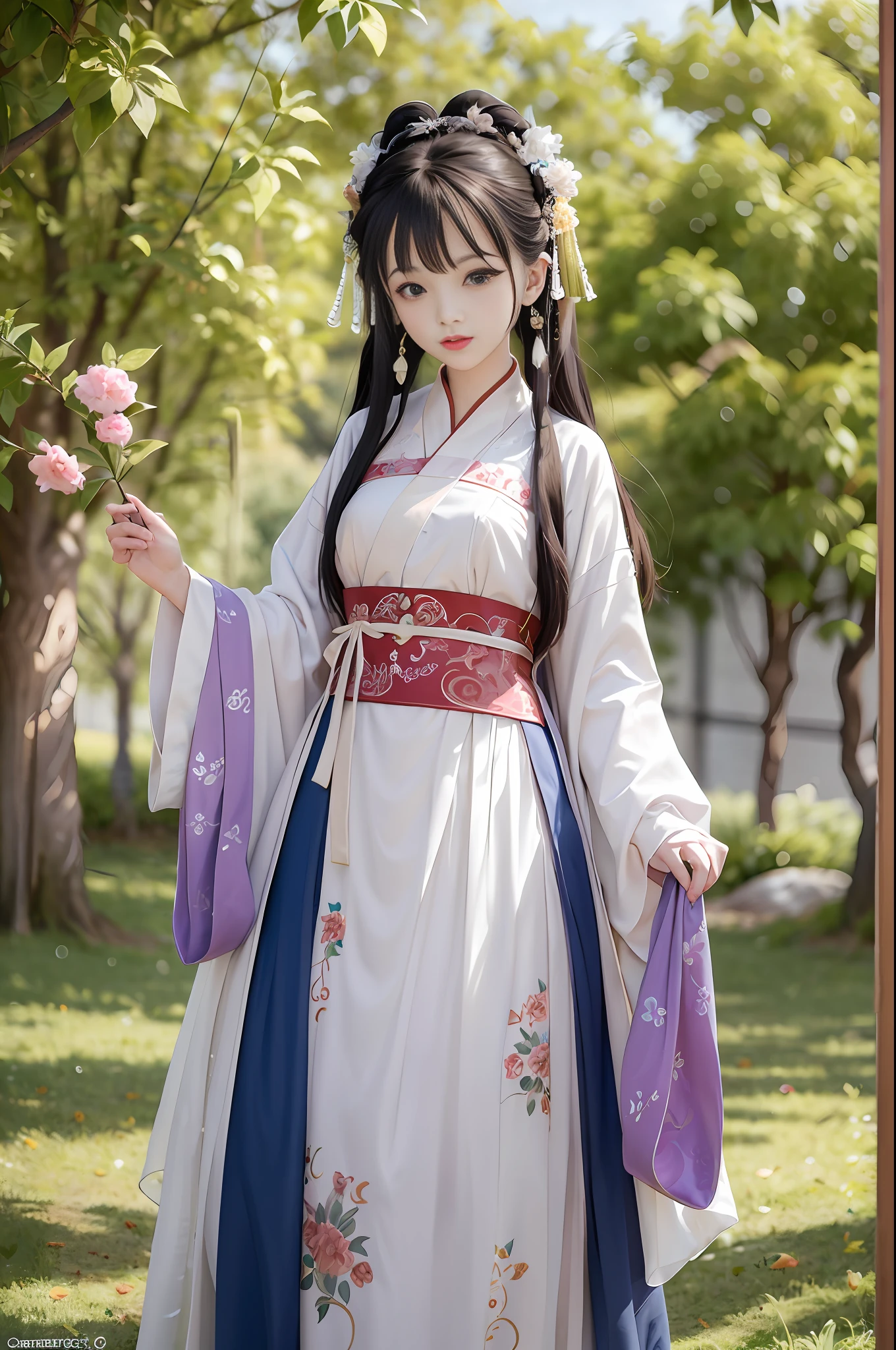Masterpiece, Best Quality, Ultra Detailed, Illustration, Colorful, FAQ Color, Depth of Field, Lens Halo, 13 years old, anime, standing, full body portrait, holding a folding fan, standing in the middle of a beautiful park, away from the camera household, gorgeous costume, black hair, looking at the audience, detailed skin texture, fine cloth texture, beautiful and detailed face, white hanfu, flower petals falling, gorgeous headdress, thin eyebrows, curved eyebrows, big eyes, red lips,