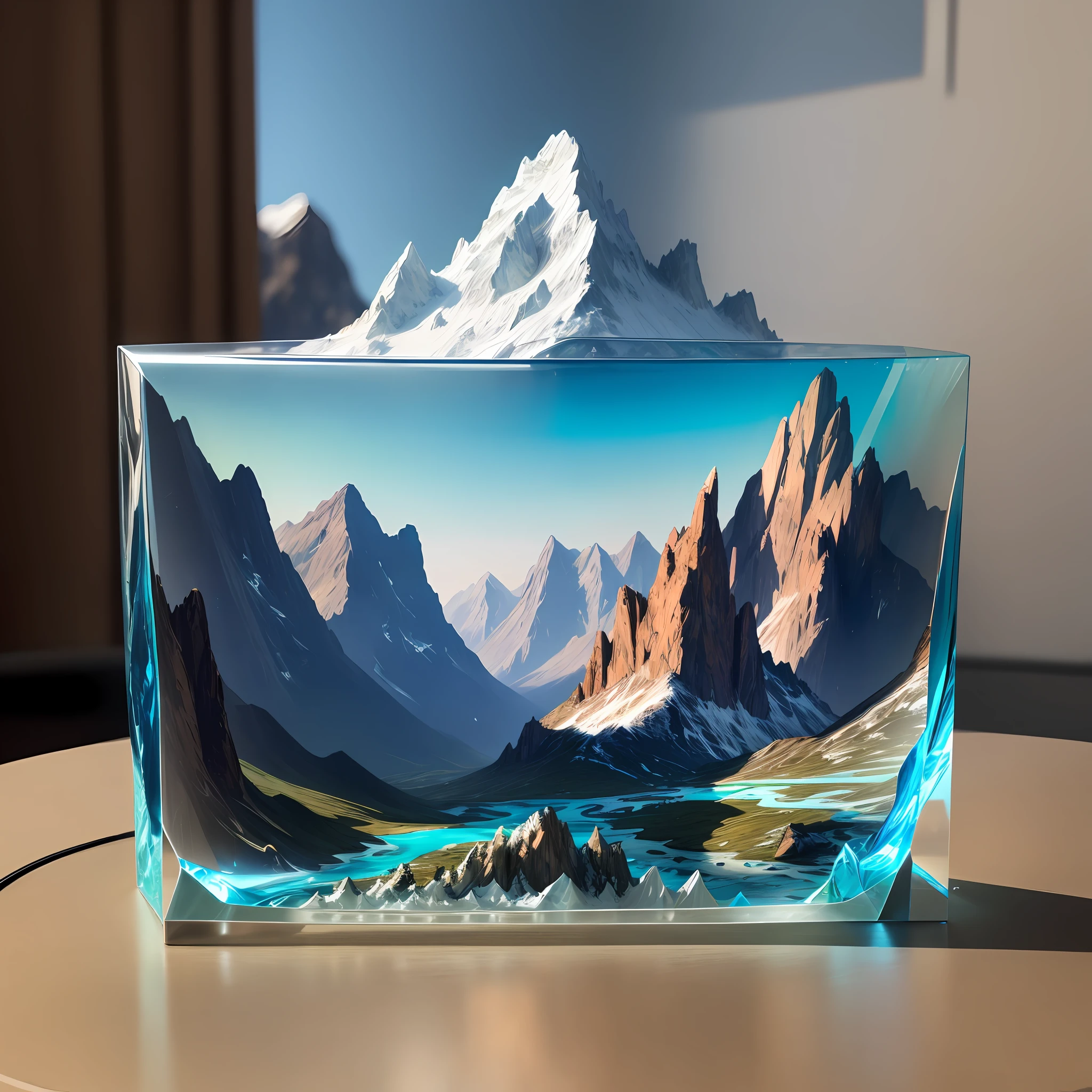 A masterpiece of glass sculpture with dramatic mountains, high quality, high detail, best quality, RAW photographs