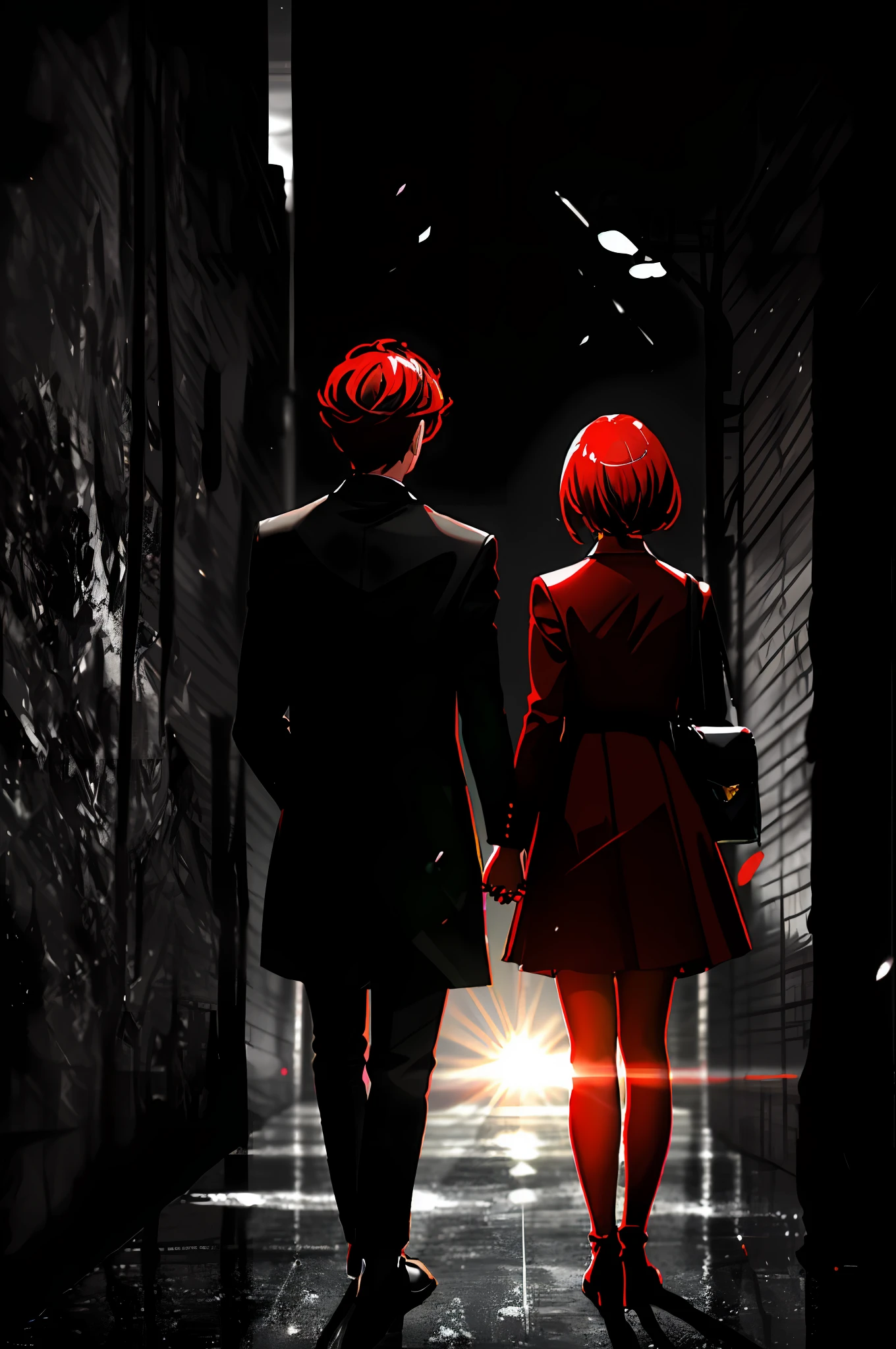 (woman and man, black short hair, red tips) ,night, from behind, shoes, holding hands