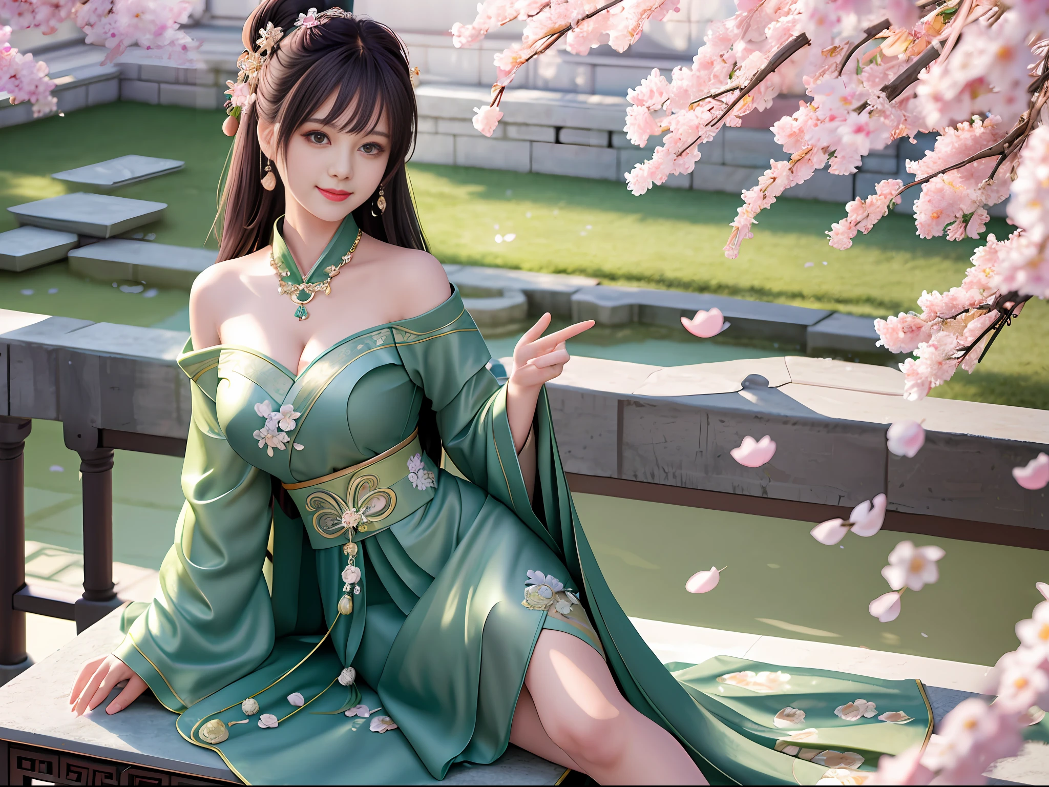 Excellent, masterpiece, high quality, high resolution, 8k, wallpaper, (((a girl))), (((solo))), sitting on a stool, blush, star pupils, (realistic face), (high detail face), bright big eyes, (smile: 0.9), sweet smile, beautiful and delicate face, sexy body, (high detail skin: 1.2), Chinese hanfu, ((dark green dress)), short skirt, leaky shoulders, leaky legs, bandeau, cleavage, big boobs, long hair, bangs, hair buns, Detailed hair accessories, necklaces, jewelry, beauty, realistic, light sense, ancient courtyard, courtyard full of plum blossoms, detailed background, 8k uhd, SLR, soft light, high quality, volumetric lighting, candid shot, photo, high resolution, 4k