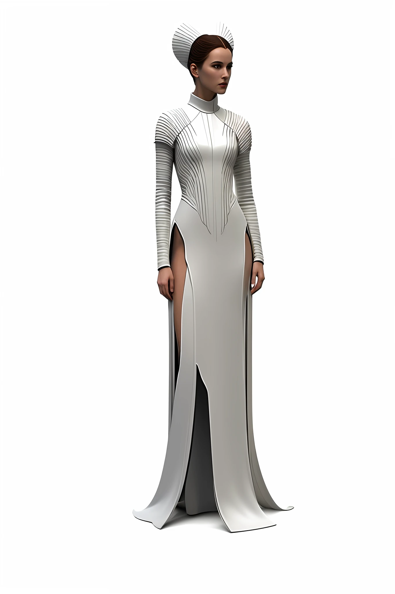 Full body,Wear a Space opera style costumes,A simple evening dress with a sci-fi feel, white plastic, diffuse lighting, fantasy, no helmet,absurdres,star wars,dune,mass,(masterpiece:1.4), ultra-detailed, 1girl, stand up,2023 fashion,