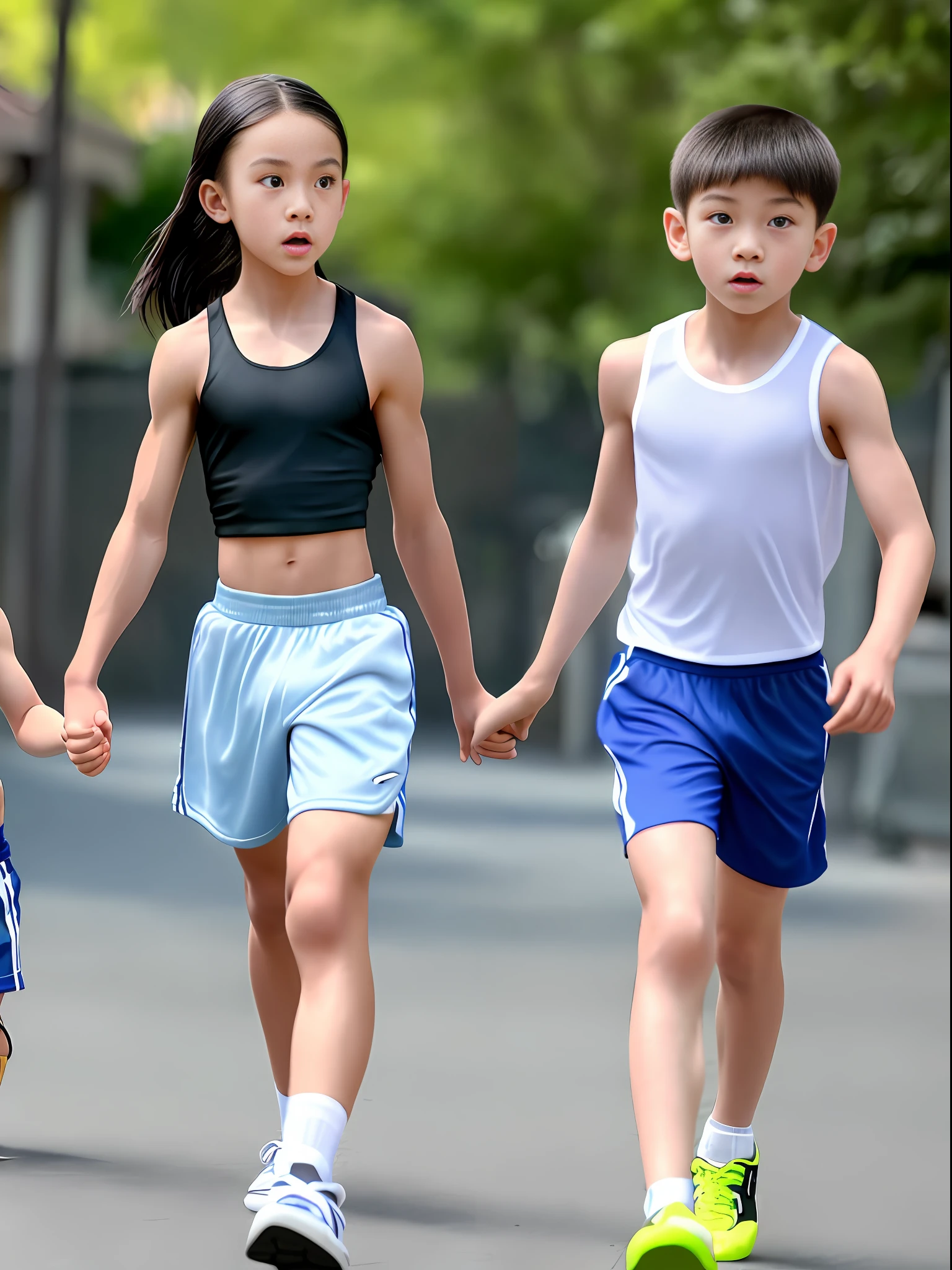 A muscular girl in a sports bra leads a skinny in long clothes and shorts walking down the street, girl holding boy's hand, high quality, 8k, outdoor natural light, sense of humor, sense of dislocation, funny