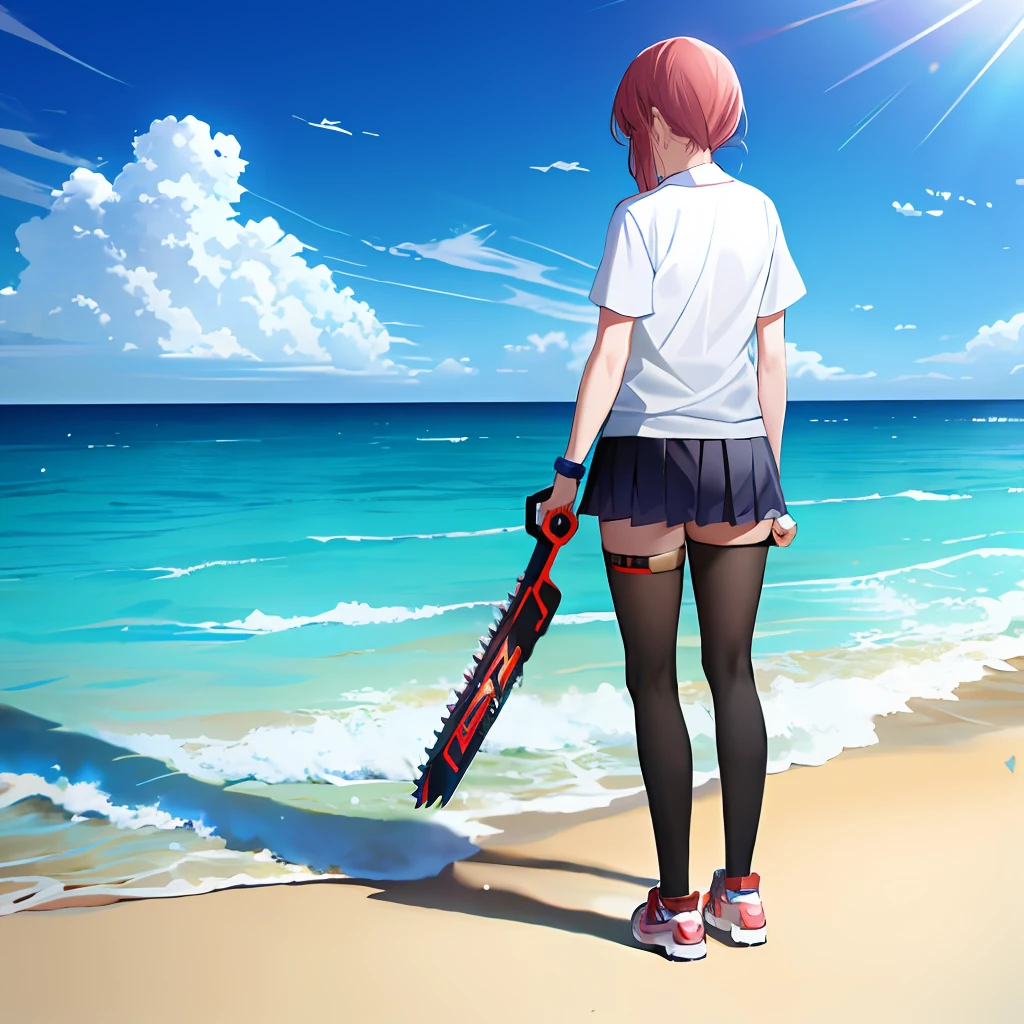 Power from the anime chainsaw man, she stands with her back on the beach