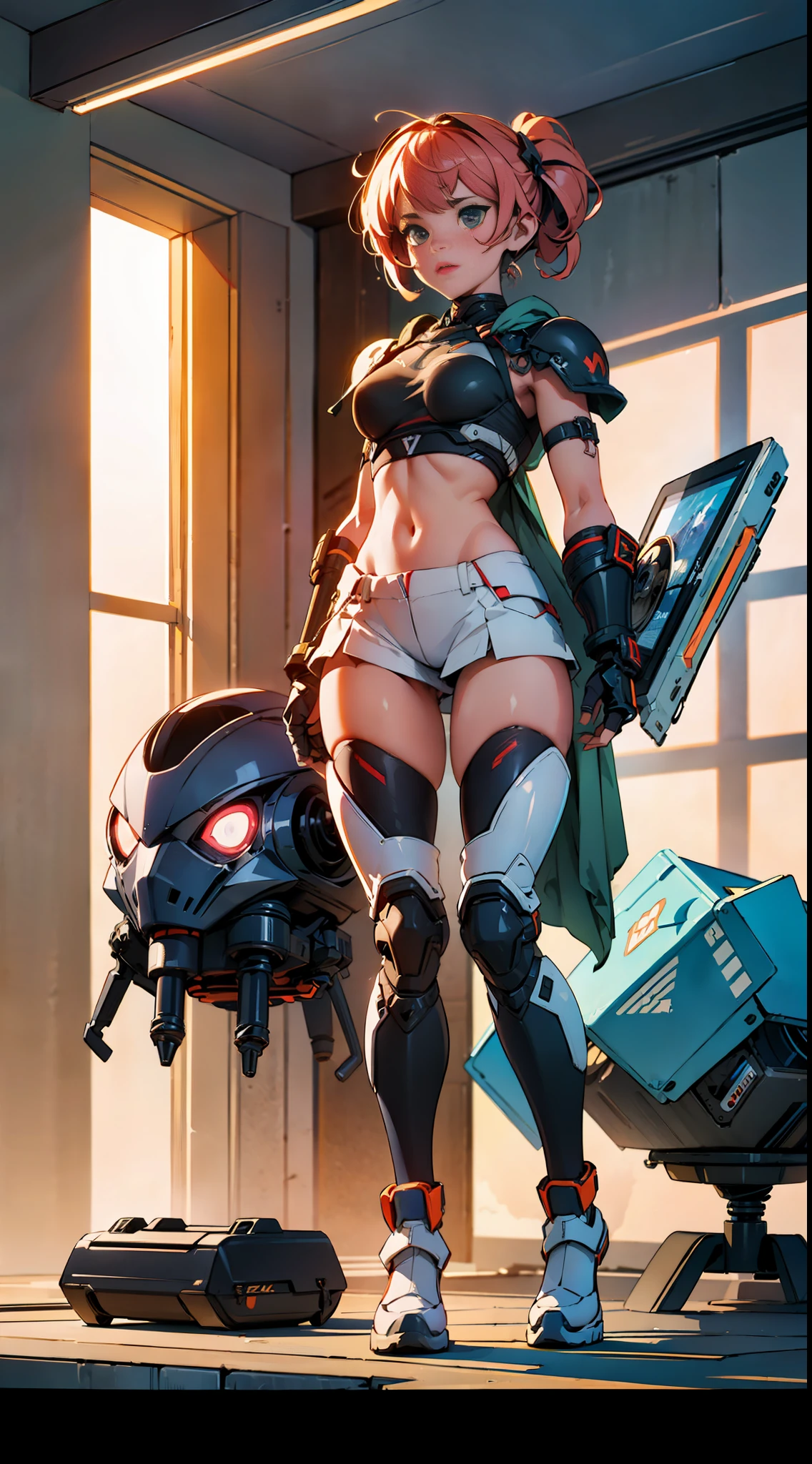 ((high quality)), ((masterpiece)), 8k, 2girls, body armor, light rays, extremely detailed wallpaper CG unity 8k, game cg, looks at the viewer, gloves, boots, whole body, watch, computer, mask, drone, mechanical weapon,
