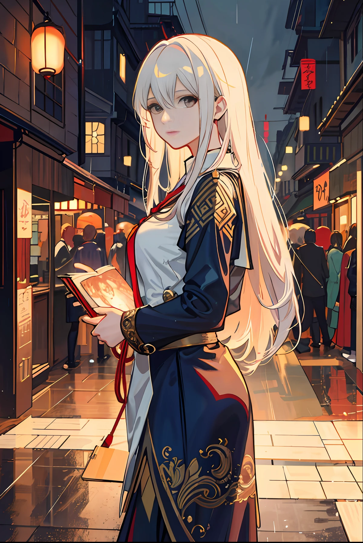 raining night,city,A beautiful woman  wearing school uniform on the bustling streets of Gintama, surrounded by vendors, beautiful portrait of a stunning goddess girl, beautiful detailed face, porcelain skin, full body shot, centered, ultra soft lighting, dim lighting,dim lanterns,symmetry, intricate, elegant, highly detailed, photorealistic, artstation, concept art, smooth, as imagined by greg rutkowski and borris vallejo, cover, vogue style