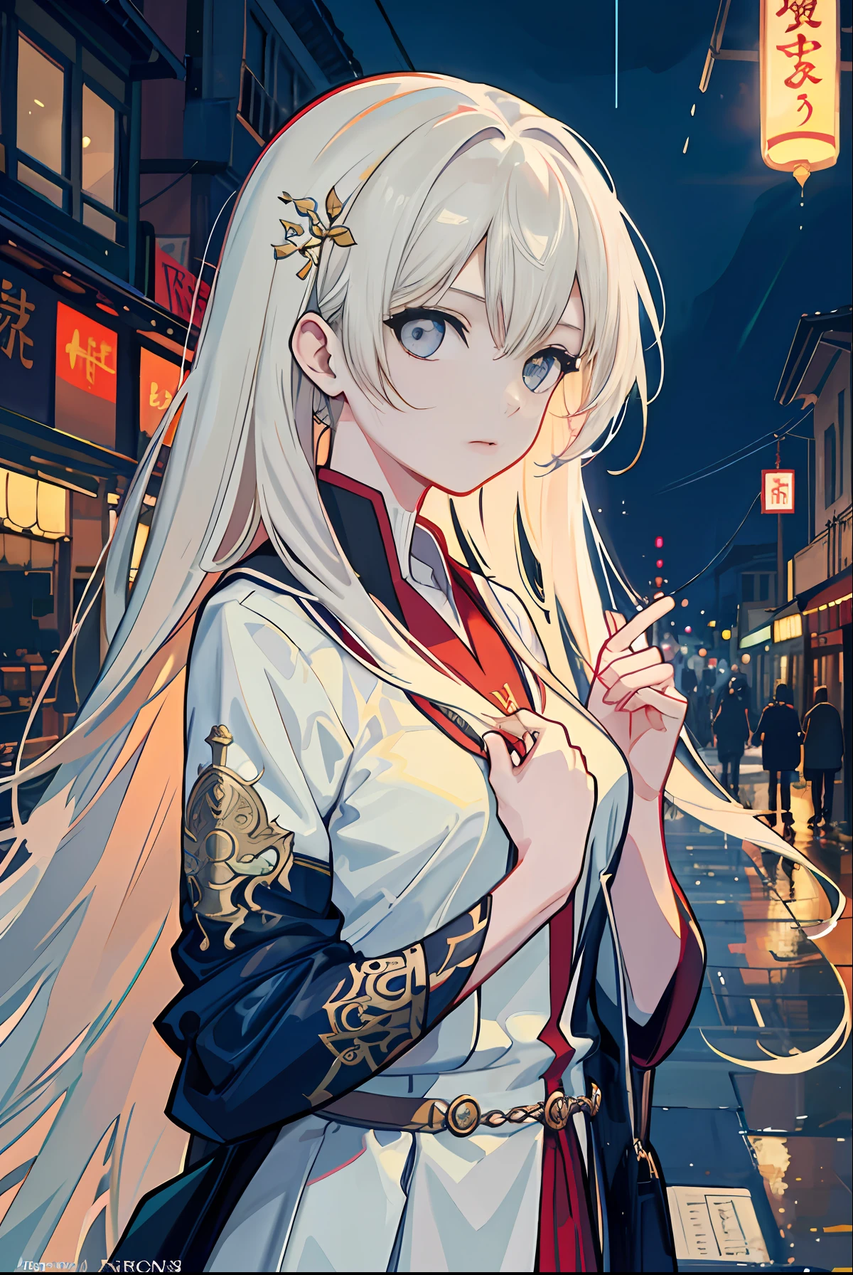 raining night,city,A beautiful woman  wearing school uniform on the bustling streets of Gintama, surrounded by vendors, beautiful portrait of a stunning goddess girl, beautiful detailed face, porcelain skin, full body shot, centered, ultra soft lighting, dim lighting,dim lanterns,symmetry, intricate, elegant, highly detailed, photorealistic, artstation, concept art, smooth, as imagined by greg rutkowski and borris vallejo, cover, vogue style