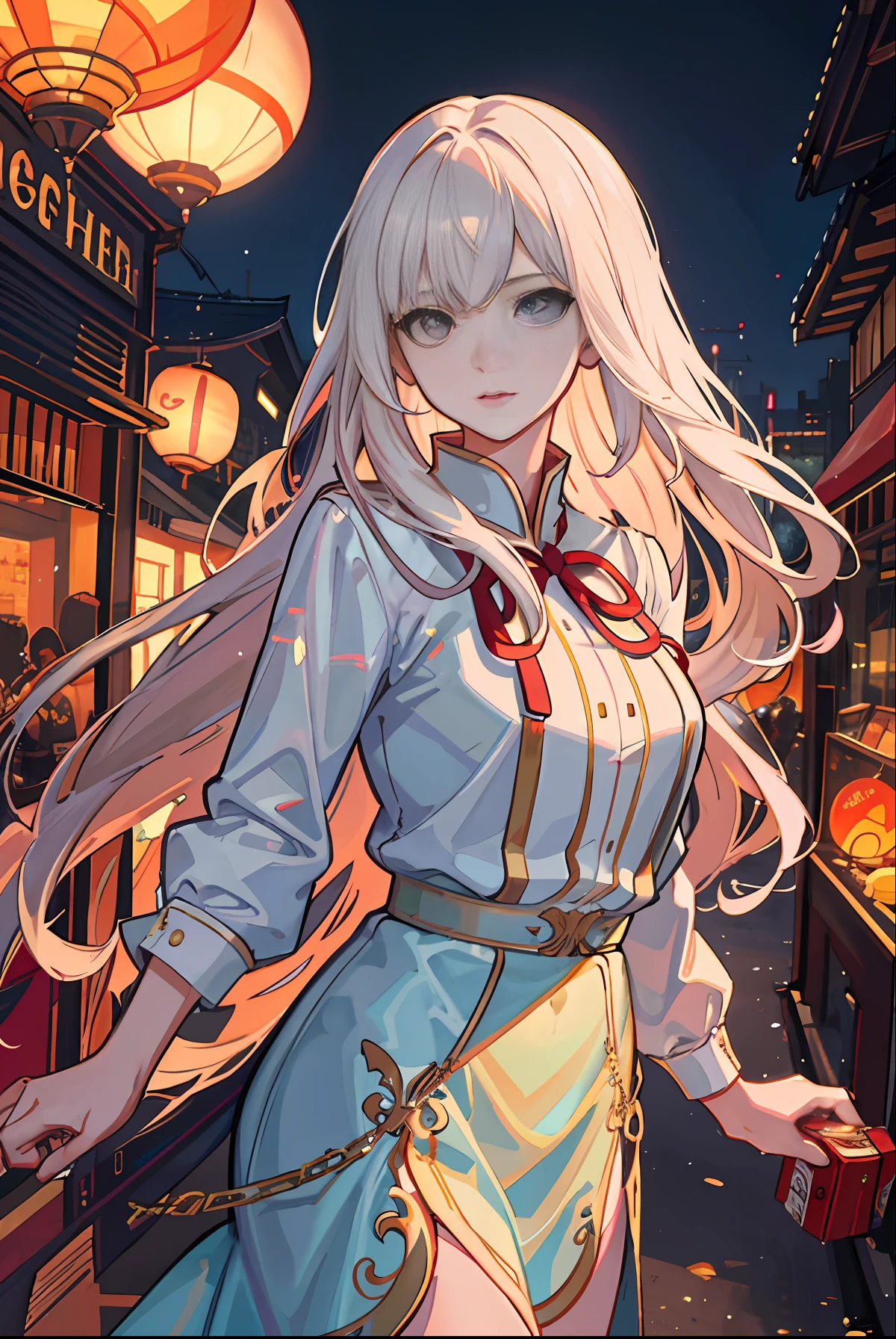 raining night,city,A beautiful woman  wearing school uniform on the bustling streets of Gintama, surrounded by vendors, beautiful portrait of a stunning goddess girl, beautiful detailed face, porcelain skin, full body shot, centered, ultra soft lighting, dim lighting,dim lanterns,symmetry, intricate, elegant, highly detailed, photorealistic, artstation, concept art, smooth, as imagined by greg rutkowski and borris vallejo, cover, vogue style