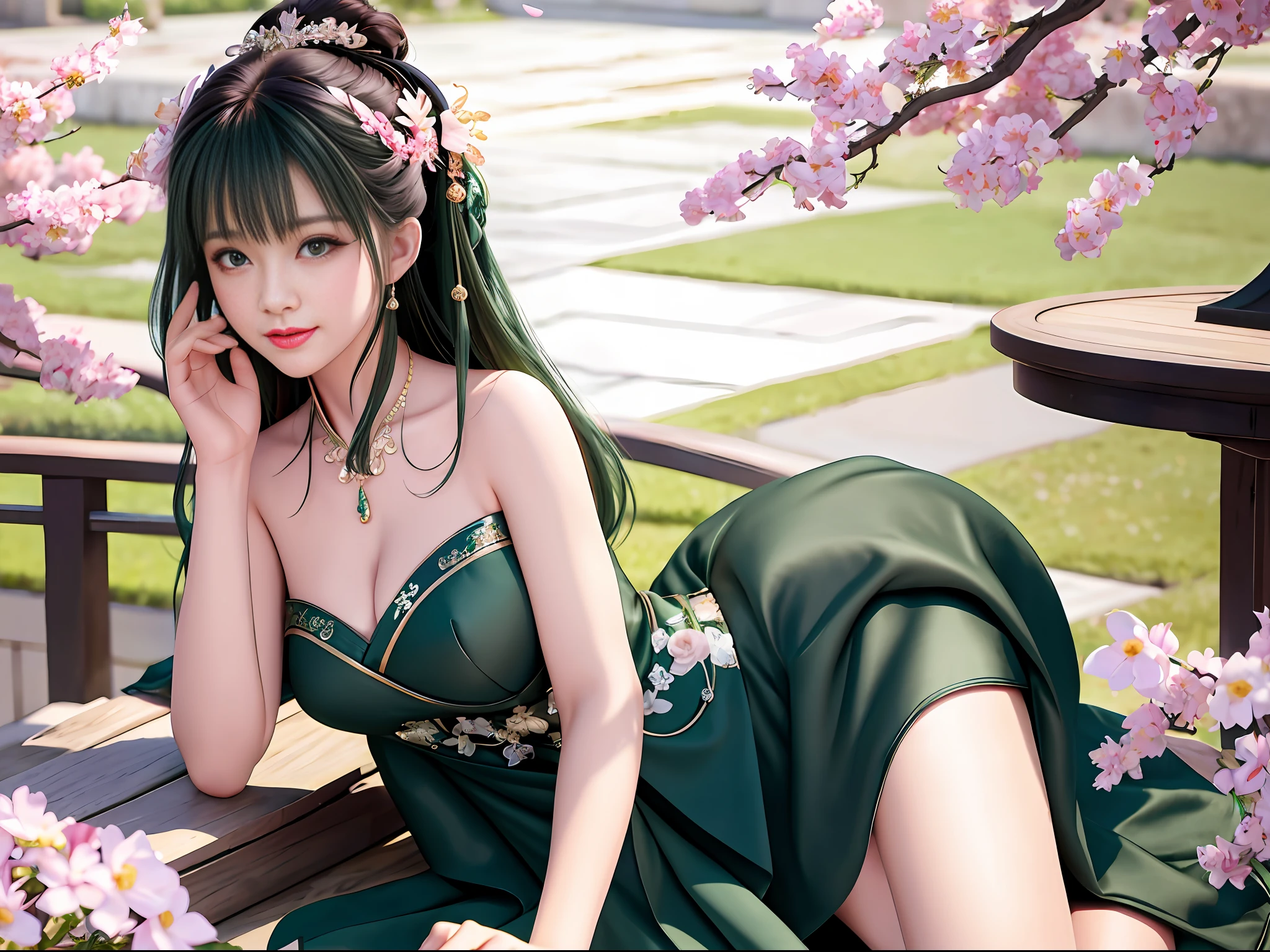 Excellent, masterpiece, high quality, high resolution, 8k, wallpaper, (((a girl)))), (((solo))),, lying on your side on a stool, blush, star pupils, (realistic face), (high detail face), bright big eyes, (smile: 0.9), sweet smile, beautiful and delicate face, sexy body, (high detail skin: 1.2), Chinese hanfu, ((dark green dress)), short skirt, leaky shoulders, leaky legs, bandeau, cleavage, big boobs, long hair, bangs, bun, Detailed hair accessories, necklaces, jewelry, beauty, realistic, light sense, ancient courtyard, courtyard full of plum blossoms, detailed background, 8k uhd, SLR, soft light, high quality, volumetric lighting, candid shot, photo, high resolution, 4k
