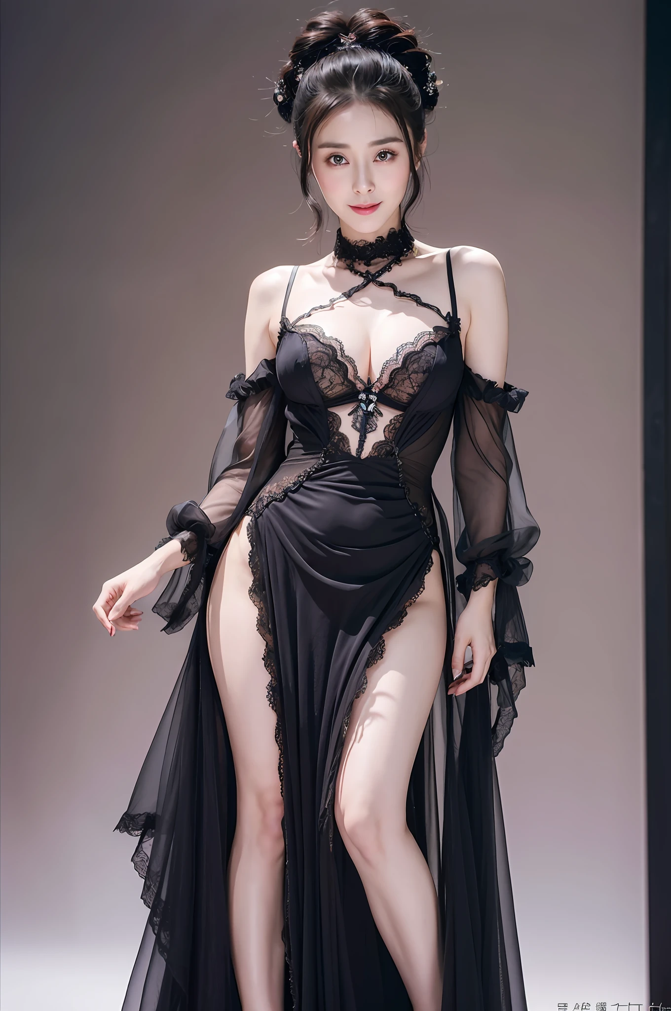 Fan Bingbing, (8k, best quality, masterpiece: 1.2), (realistic, photorealistic real: 1.2), (smile: 0.9), medium breasts, beautiful and detailed eyes, full body, (solo: 1.8), (looking at the audience: 1.3), damp, simple background, black border above and below, negative space, black cleavage dress