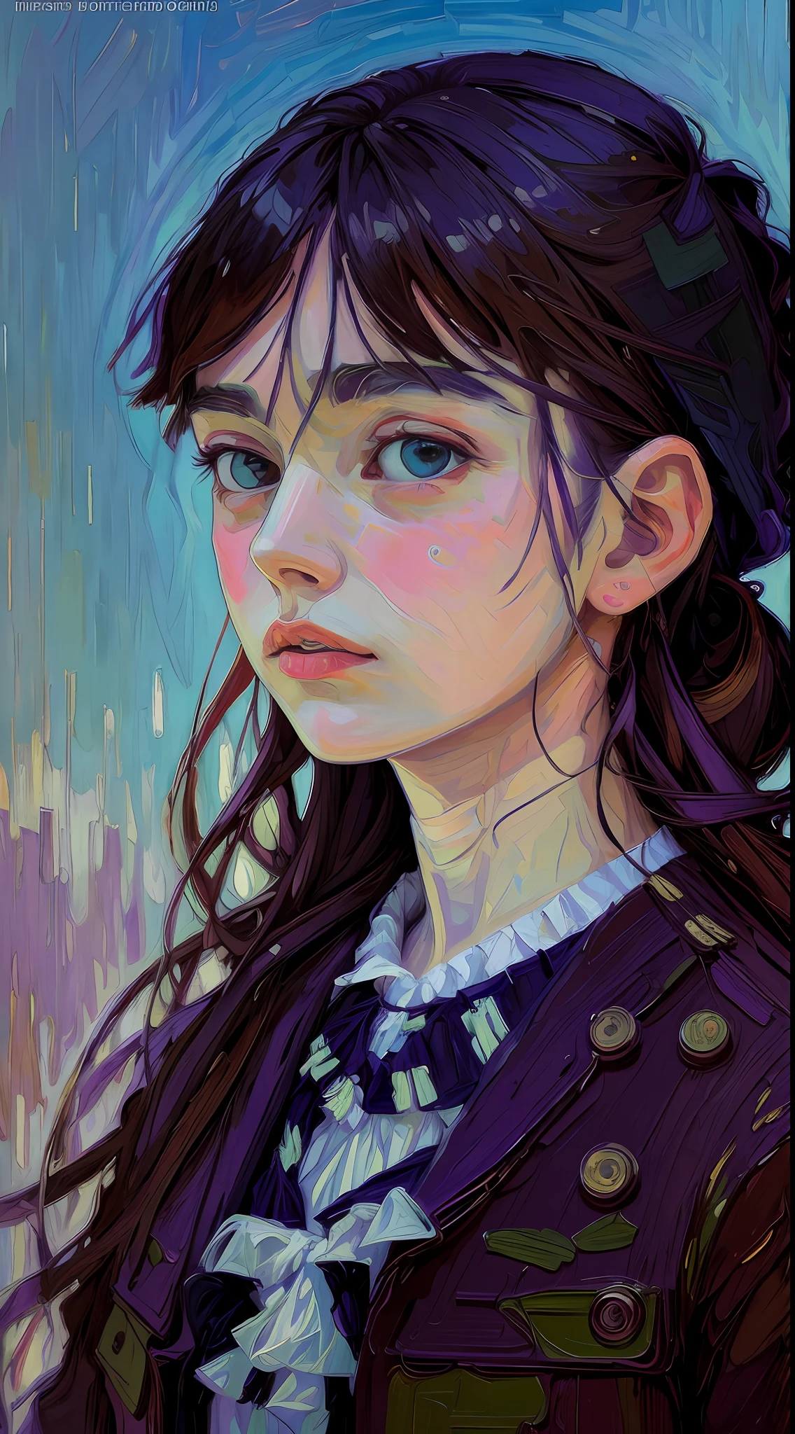 masterpiece, 1girl, face, (impressionism, Tom Thomson:1.2), Erin Hanson, oil painting, pointillism, very thick coating, light purple and light blue and light green, sunlight, noon, perspective, depth of field, cute, dynamic lighting, dramatic lighting, pale colors