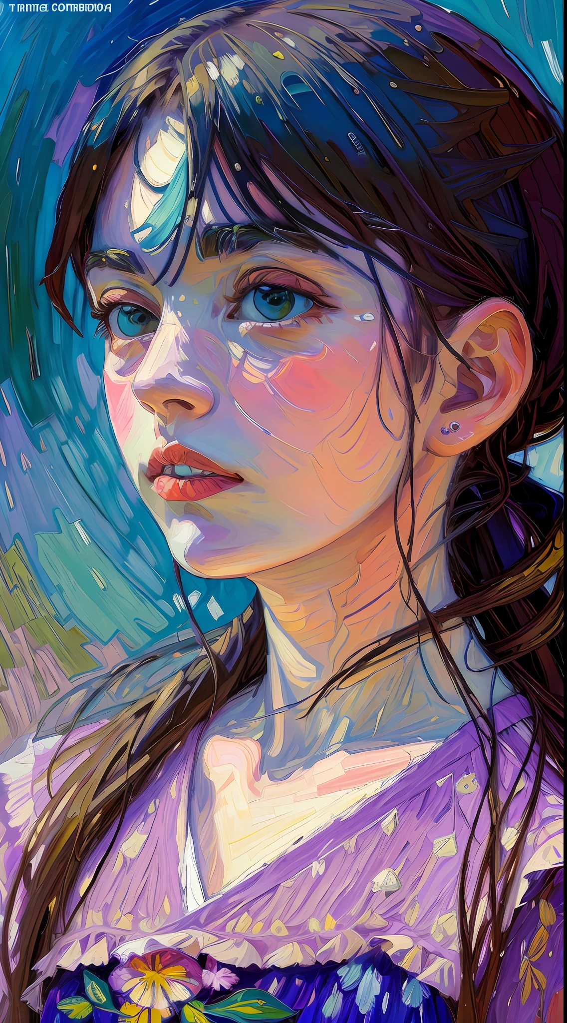 masterpiece, 1girl, face, (impressionism, Tom Thomson:1.2), Erin Hanson, oil painting, pointillism, very thick coating, light purple and light blue and light green, sunlight, noon, perspective, depth of field, dynamic lighting, dramatic lighting, pale colors