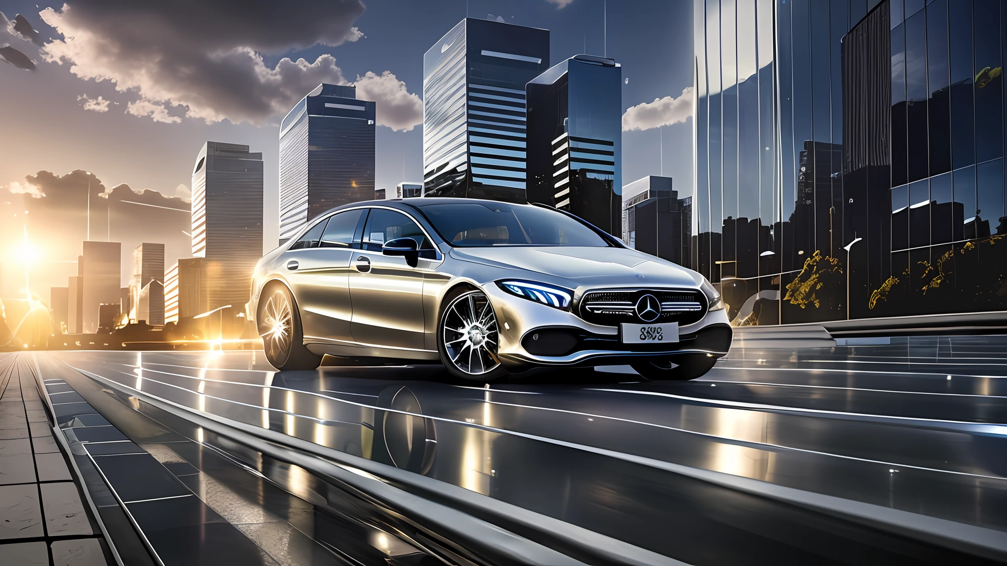 Mercedes-EQS, driving on a road in town, road markings, silver metal body, glass windows, metallic reflections, city track, background is high-rise buildings, city, high-rise, sunset, photography, art station trend, sharp focus, intricate detail, high detail, ambient light, ray tracing, rain,