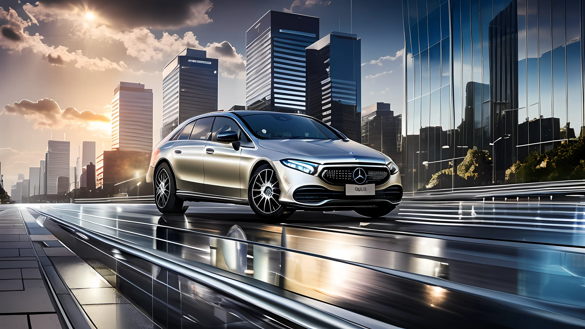 Mercedes-EQS, driving on a road in town, road markings, silver metal body, glass windows, metallic reflections, city track, background is high-rise buildings, city, high-rise, sunset, photography, art station trend, sharp focus, intricate detail, high detail, ambient light, ray tracing, rain,
