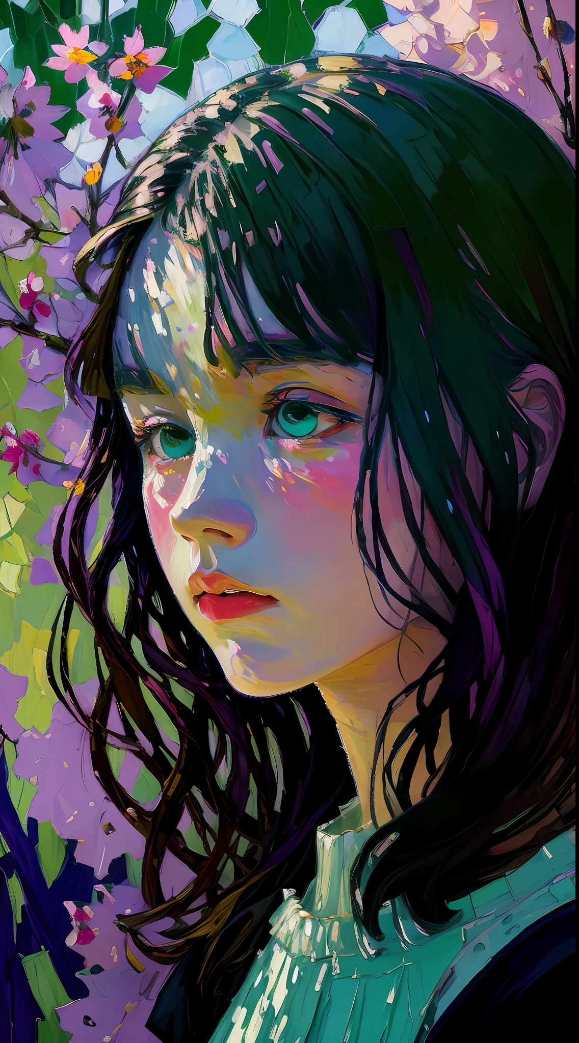masterpiece, 1girl, face, (impressionism, Tom Thomson:1.2), Erin Hanson, oil painting, pointillism, very thick coating, light purple and light blue and light green, sunlight, noon, perspective, depth of field, dynamic lighting, dramatic lighting, pale colors