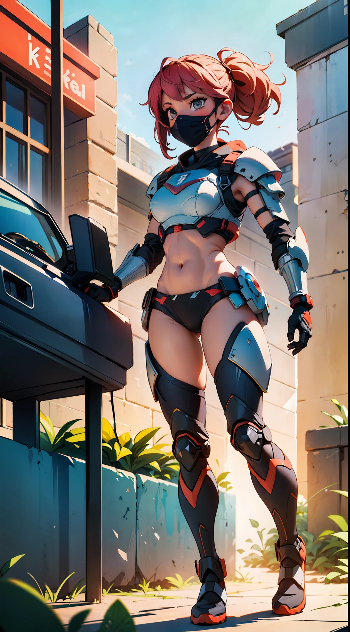 ((high quality)), ((masterpiece)), 8k, 2girls, body armor, light rays, extremely detailed wallpaper CG unity 8k, game cg, looks at the viewer, gloves, boots, whole body, watch, computer, mask, drone, mechanical weapon,