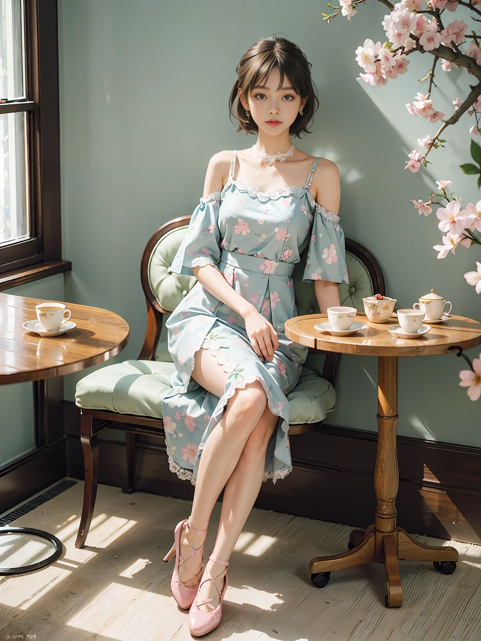 masterpiece, best quality,kinomoto_sakura, girly style, lace dresses, pastel colors, floral prints, high-waisted skirts, ballet flats, delicate accessories, cafe, indoors, high tea, sit down, table,.a young beautiful girl, green eyes, brown short hair, ultra detailed, official art, unity 8k wallpaper, (fashion magazine cover:1.3),
