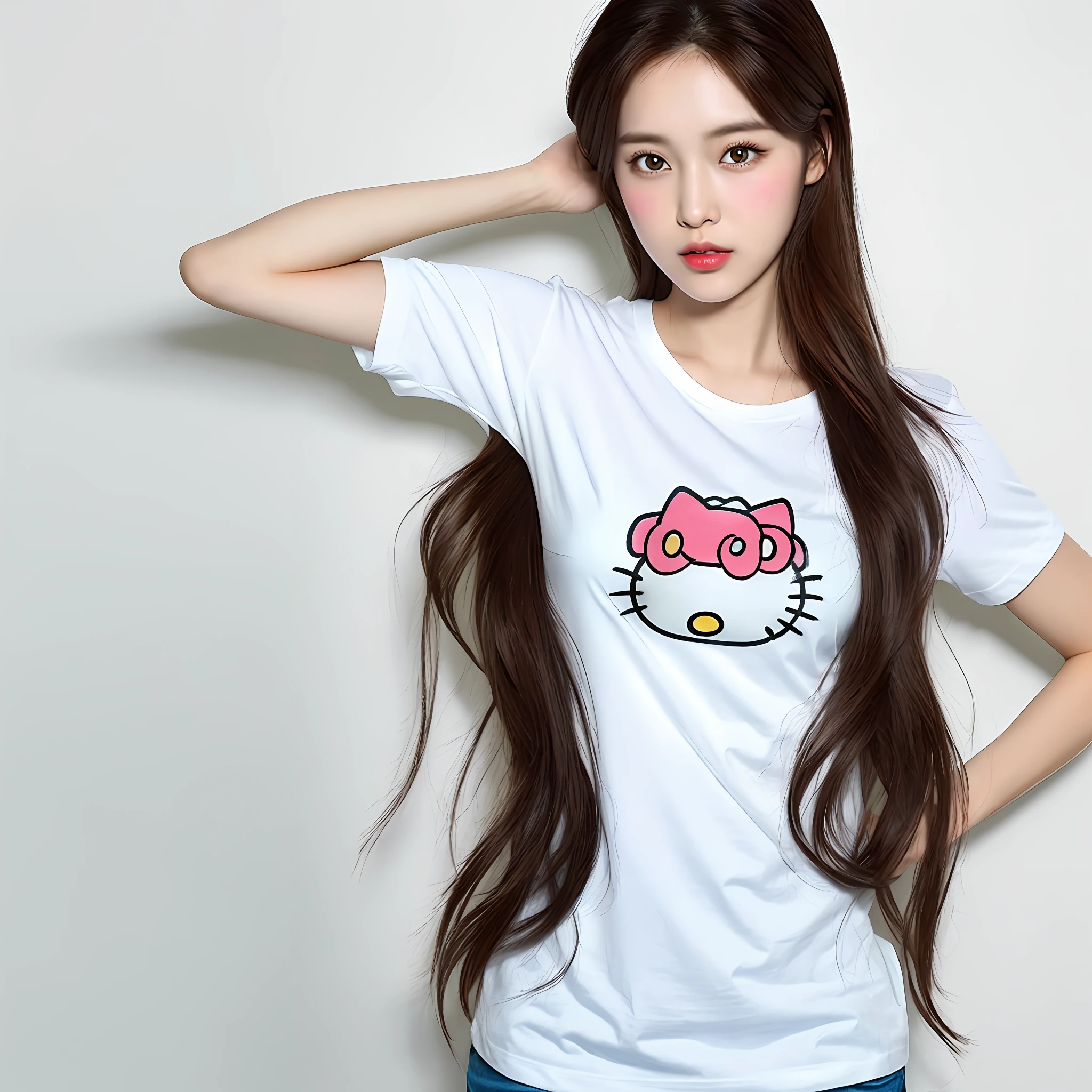 **a female model in white round neck t-shirt, hello kitty logo