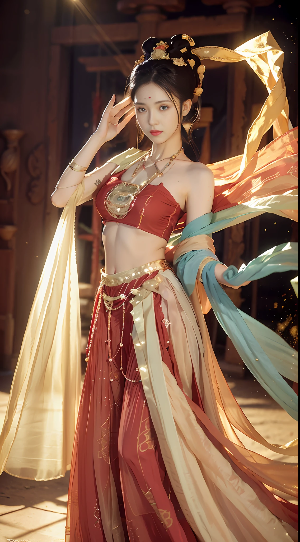 (8k, RAW photo, best quality, masterpiece:1.2), (realistic, photo-realistic:1.4), (extremely detailed CG unity 8k wallpaper), (1 girl:1.5), Western beauty, (Red clothes: 1.4), red dots on forehead, pale skin, blush, big eyes, full body, thighs, open navel, gold waist chain, gold jewelry, flying ribbons, particles, background is Loulan ancient city, ancient city wall, desert, dance, dunhuang_dress, dunhuang_style, attractive pose, Korean female fashion model, wearing long fluent clothes, conforming to anatomical morphology, bare chest