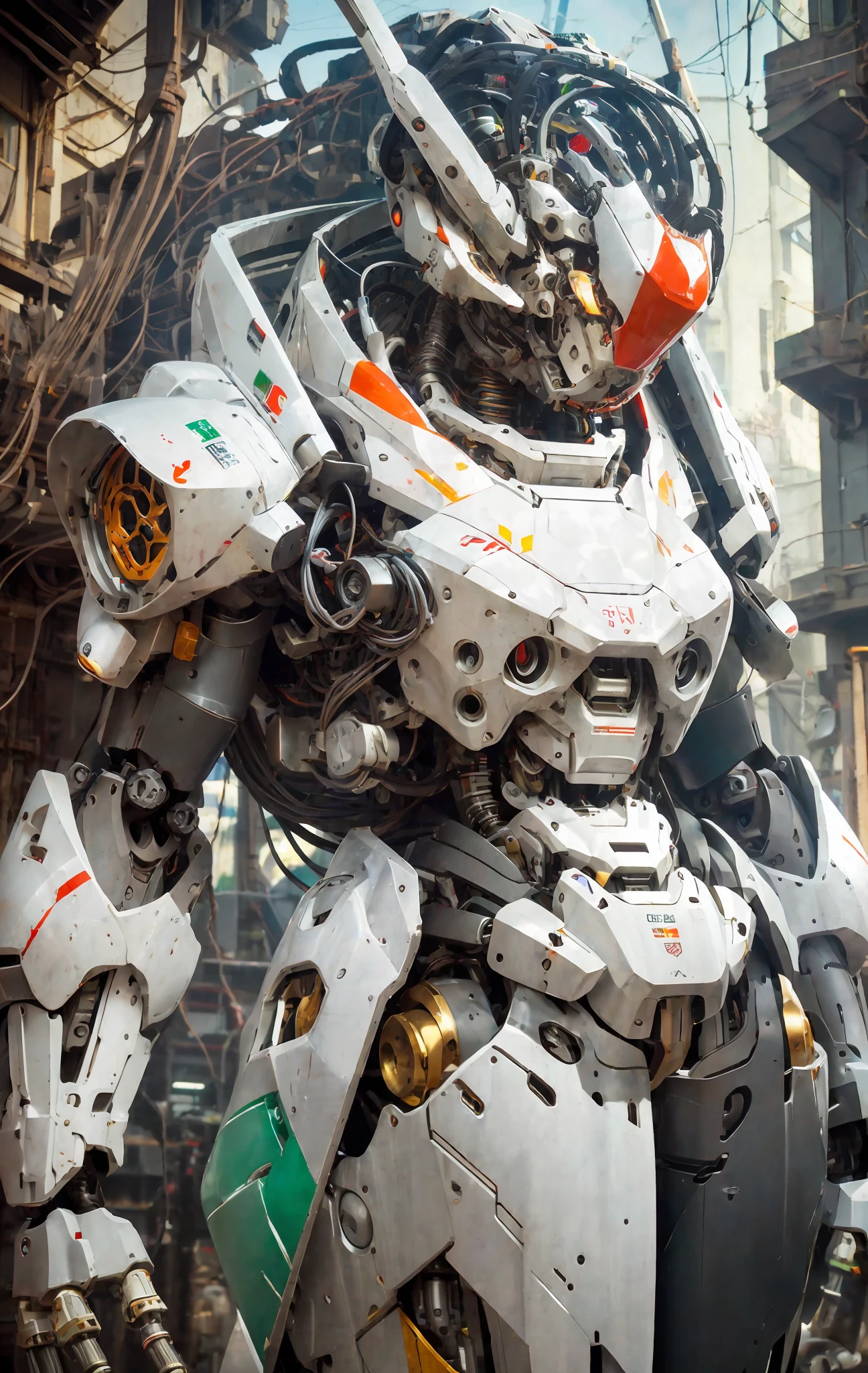 1 woman inside a huge bulky exoskeleton robot , ((bulky)) armor, mecha,
ink, clean lines, negative space, high contrast, gradient color,(((masterpiece))), ((best quality)), (ultra-detailed), (CG illustration), (an extremely devious and beautiful)), cinematic light, ((mechanical girl)), single, (machine-made joints: 1.4), ((mechanical limbs)), ( blood vessels attached to the tube), ((mechanical cervical vertebrae attached to the neck), (wires and cables attached to the head and body: 1.5), city ruin scenery, dynamic pose, dynamic light, indonesia flag