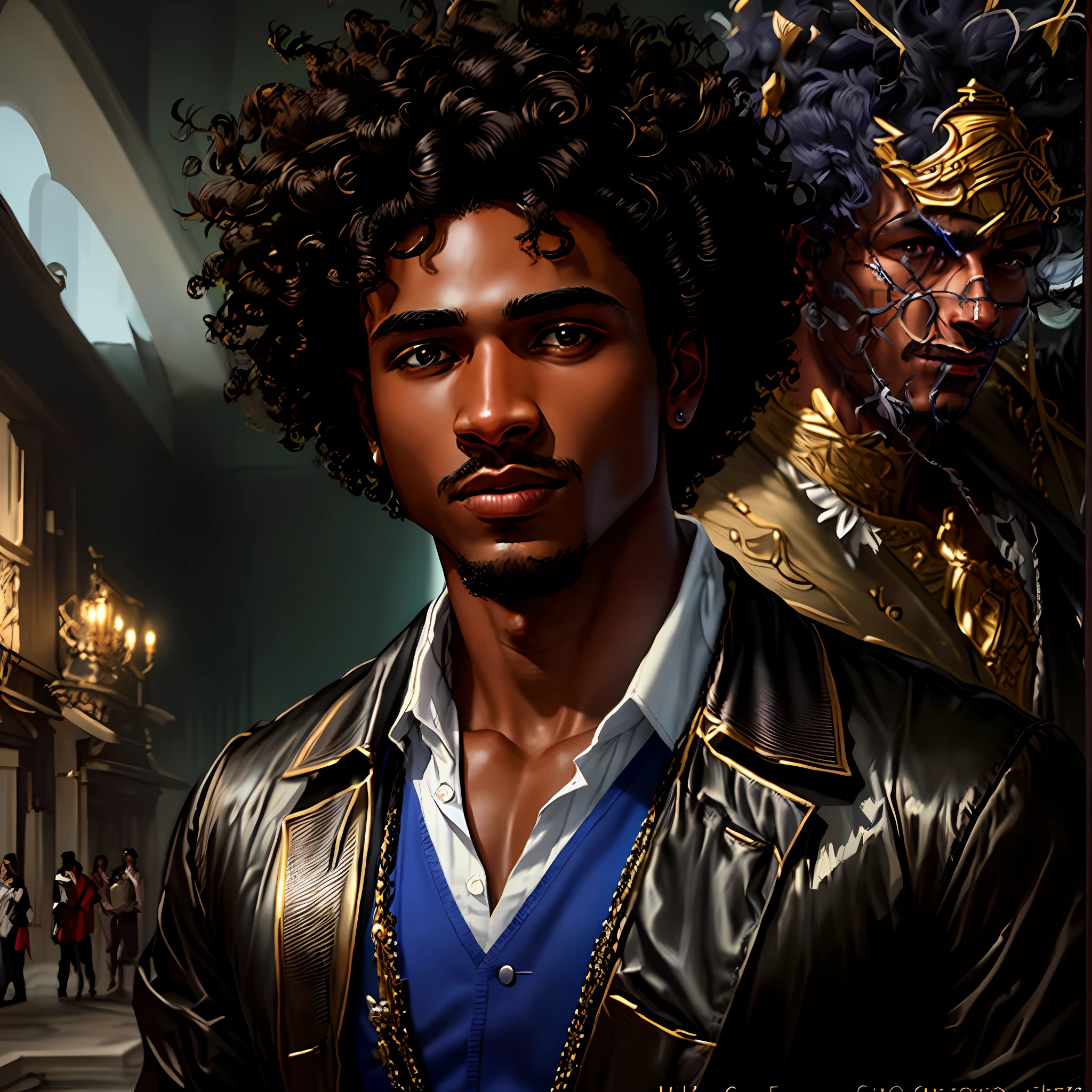 a dark man, Afro-Latino, handsome, eyes: one brown and the other blue, strong, curly hair, , from the colonial era, perfect details, perfect guy, with features of a Greek God, super strong, dressed as a slave, in different poses, pose de cuerpo completo, pose en primer plano, pose de tres cuartos, pose de perfil