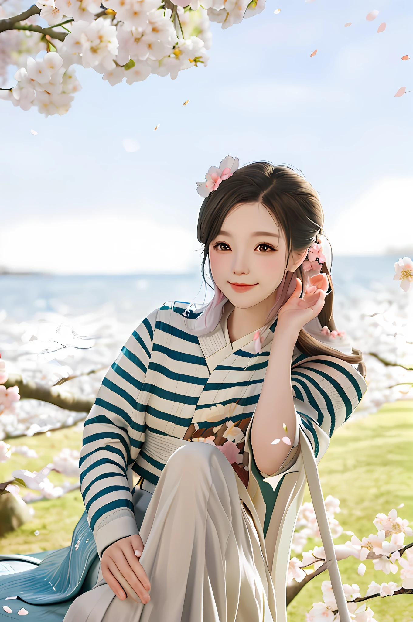 Under the cherry blossom trees, beauty, HD, there is the sea, cherry blossoms falling