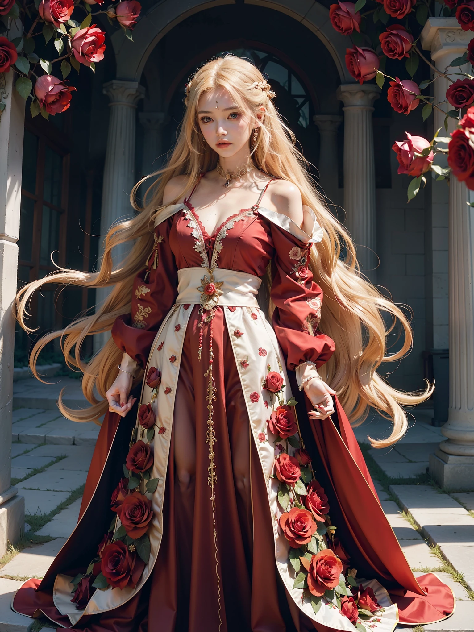 Female Archmage Wavering with blonde long hair wearing a llong red gown made out of roses and has rose patterns casting magic effects particles