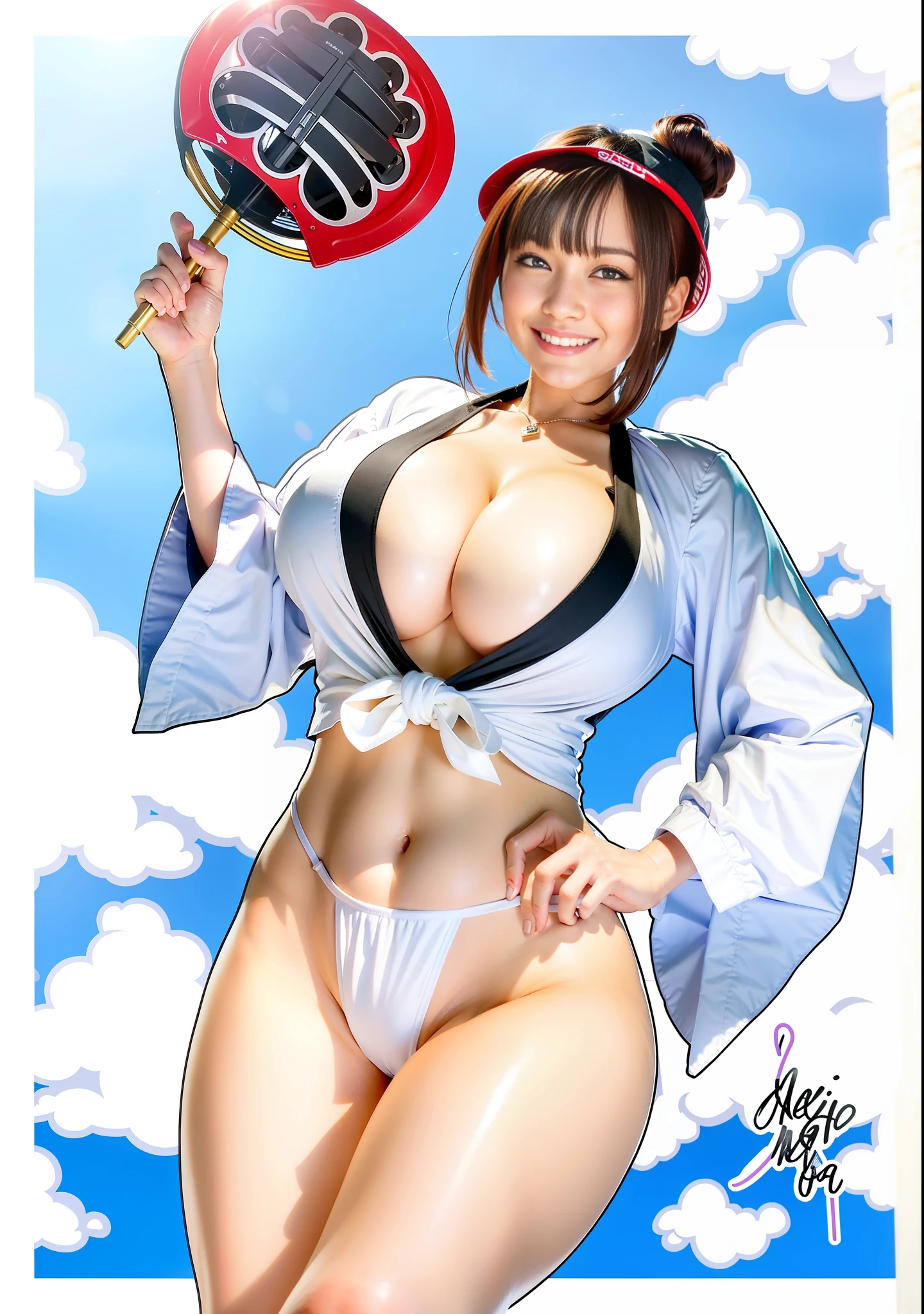 Xianer, Photos, Best Quality, 1girl, (Skinning), (Sun), Bright, Blurred background, Outdoors, (People, Crowd:1), Gorgeous, (Dynamic Pose: 0.8), Soft lighting, Wind, Teeth, Cleavage, Open shirt, Huge breasts 18.0, Sagging breasts, Underwear is only white in color, Do not increase the size of the lower body,big laugh,