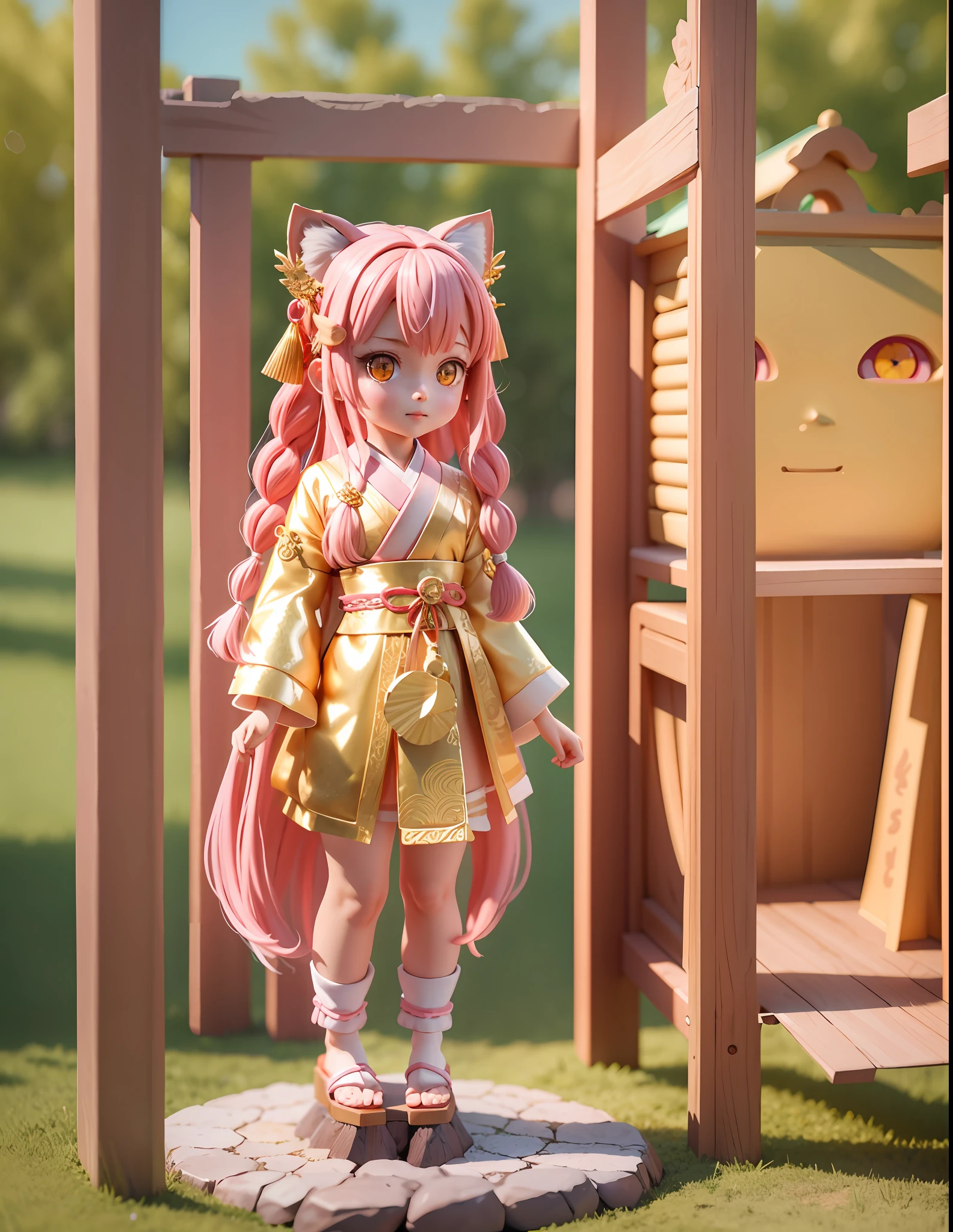 (fullbody, standing on pedestal)Cute little girl, (masterpiece, high resolution, absurdres, perfect proportions, ultra detailed, 8k, perfect anatomy, detailed face, detailed eyes):1.2, ((holding a camera)), cameras, vintage camera, detailed lighting, realistic lighting, fox ears, pink fox tail, 1 girl:1.3, (pink hair, long hair, braided hair, golden eyes:1.3), (shrine maiden dress, shrine maiden outfit):1.2, towards camera:1.2, popmart blind box, clay texture, clean background, natural light, best quality, ultra detail, 3d art, c4d, blender, oc renderer, 3d render, 8k, standing on a base with objects, simple background, Chibi, SD characters: 1.1